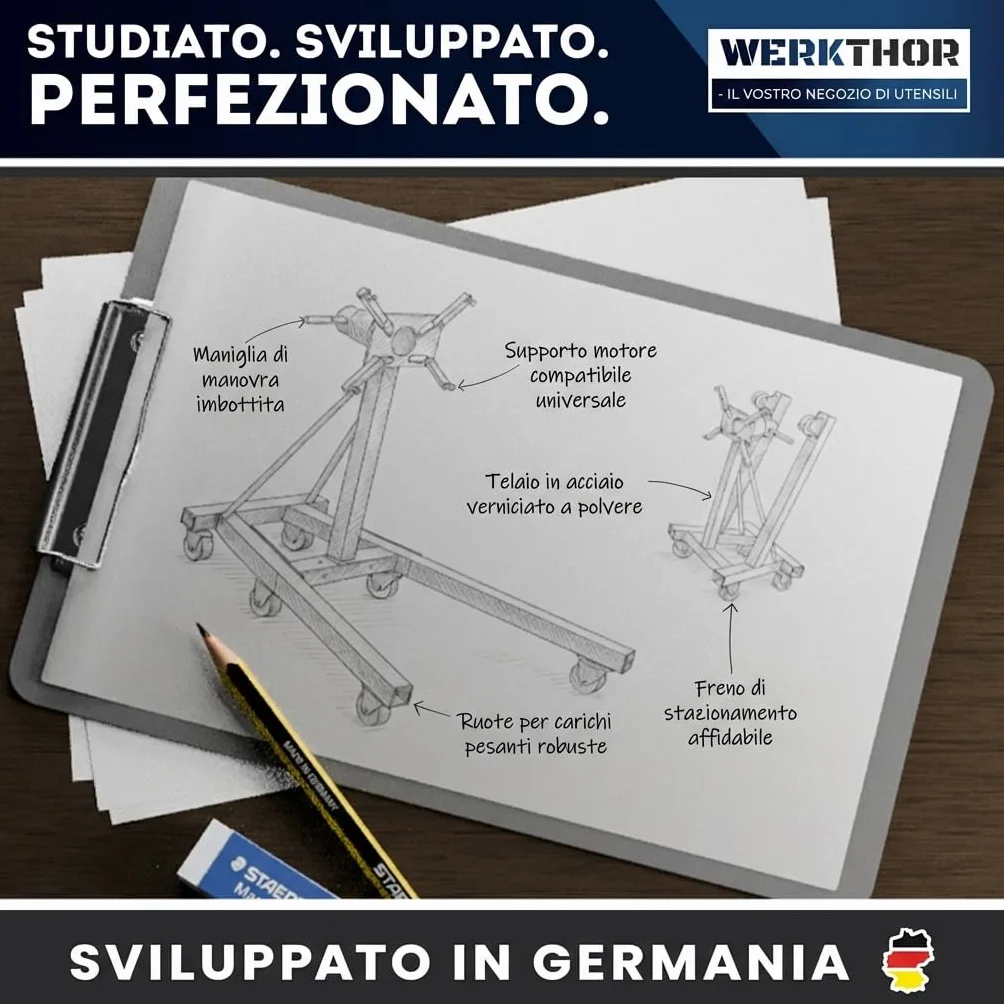 WERKTHOR Supporto Motore 570 kg Heavy Duty Engine Stand Girevole 360° Nero