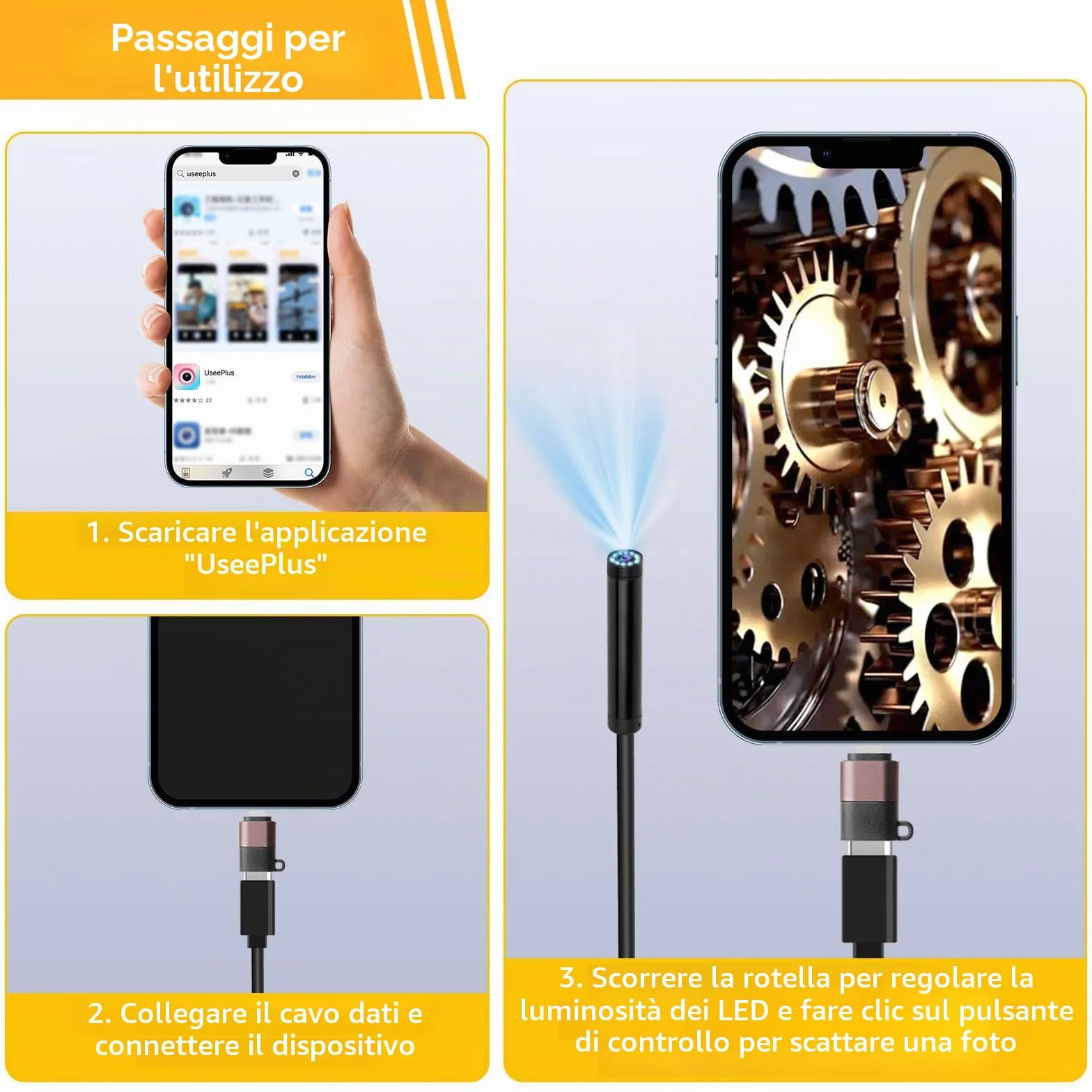 Endoscopio 1080P HD impermeabile IP67 con luce LED 5m tipo C per Android iOS tablet