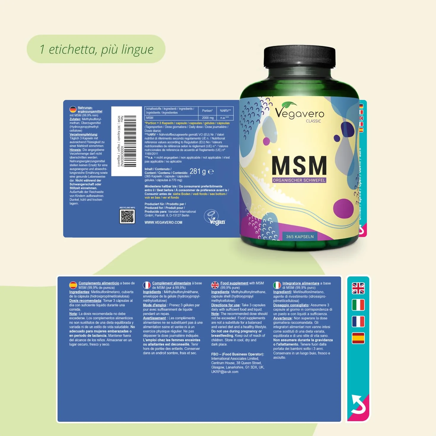 Vegavero® MSM Integratore 2000 mg 365 capsule Zolfo Organico puro 99,9% Articolazioni Unghie Capelli Vegan