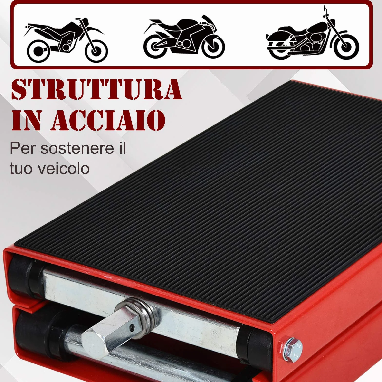 DURHAND Cavalletto per Moto e Bici Antiscivolo max 500 kg Regolabile, Metallo e Gomma, Rosso e Nero