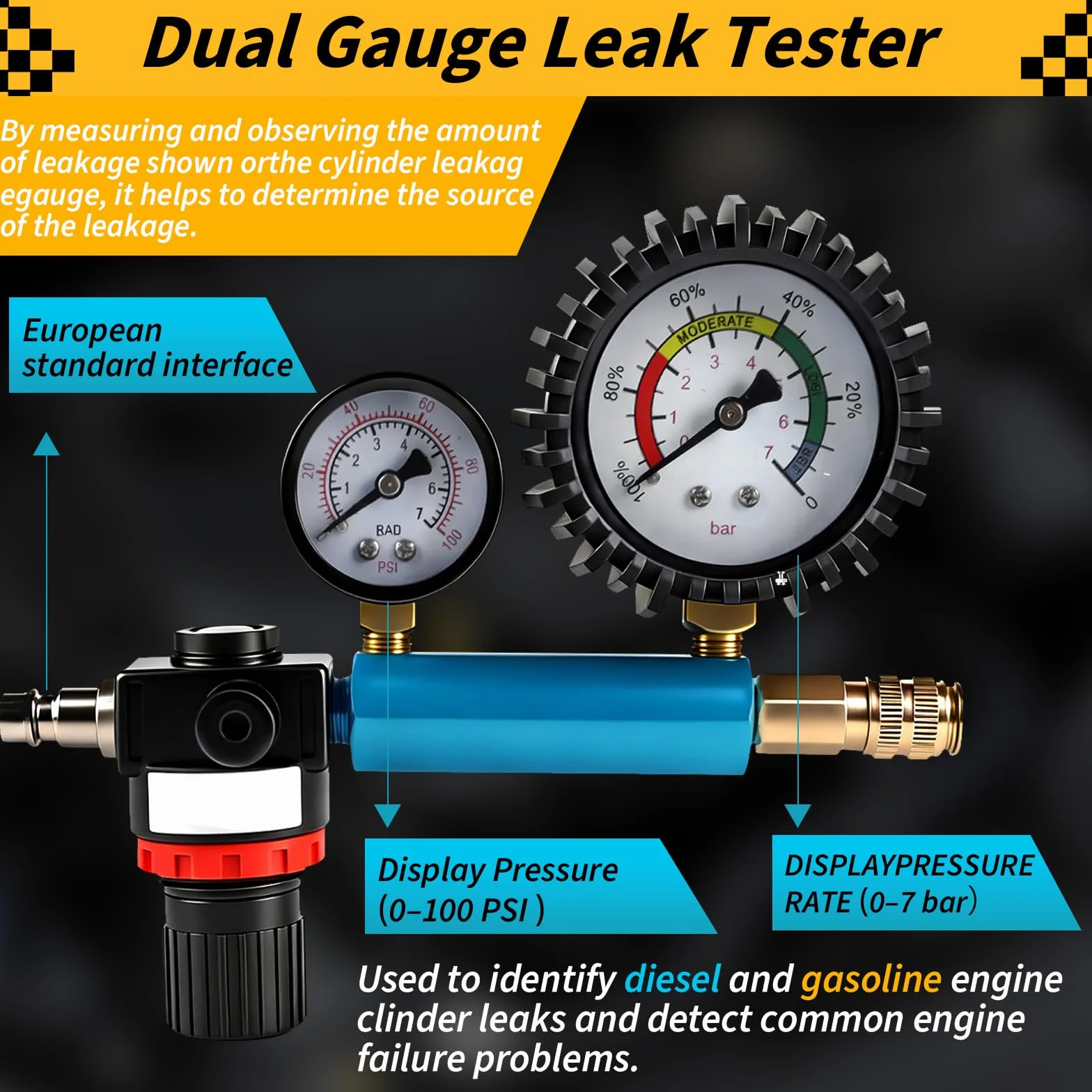 CPROSP 46 pezzi Tester di Compressione e Perdita di Pressione (0-50 Bar / 0-7 Bar), Prova Compressione Motore Benzina e Diesel, Compatibile HDI, TDCi, per Auto, Camion, Bus, Moto