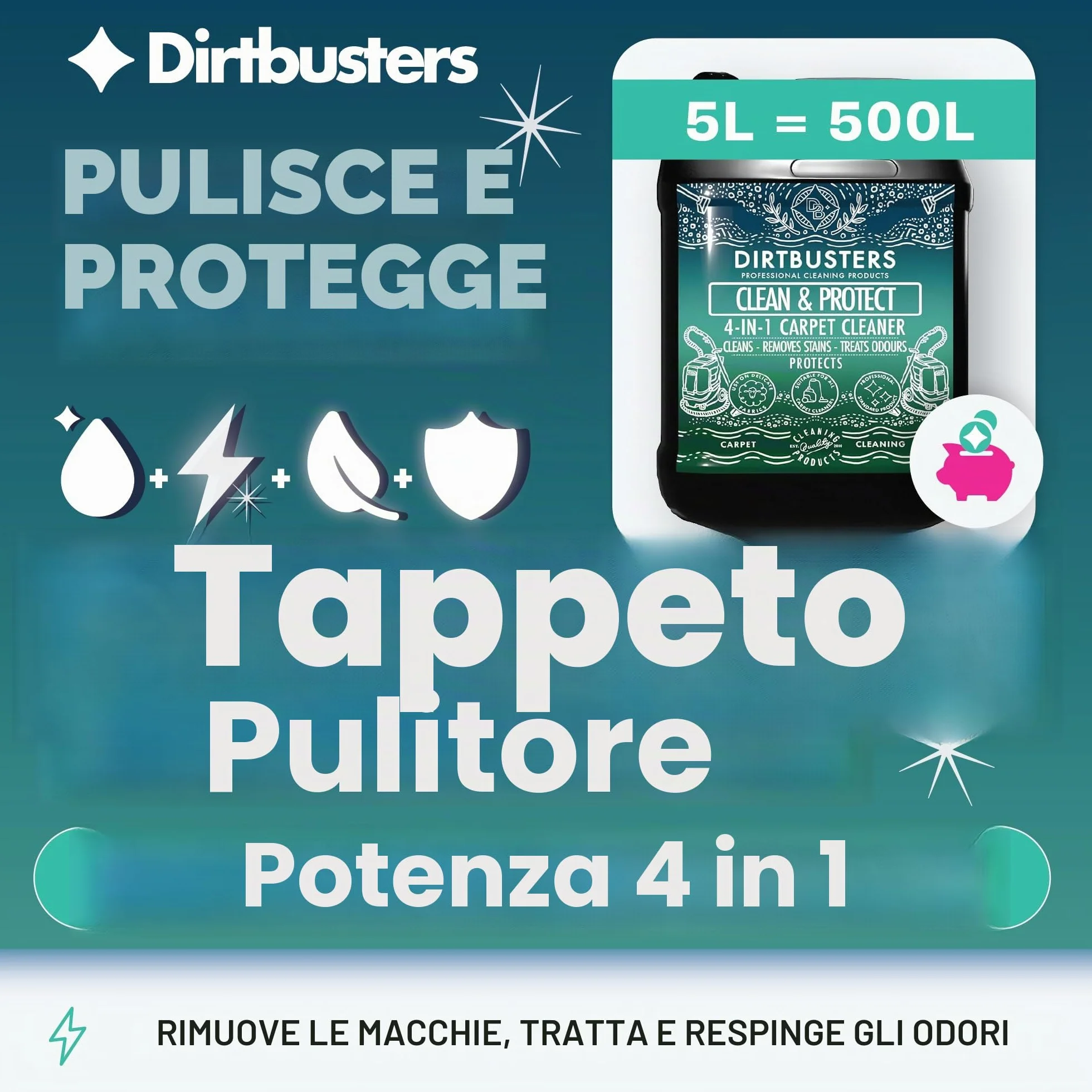 Dirtbusters Pulizia e protezione concentrato 4 in 1 5 litri shampoo professionale per moquette e tappezzeria detergente agli agrumi con neutralizzatore di odori