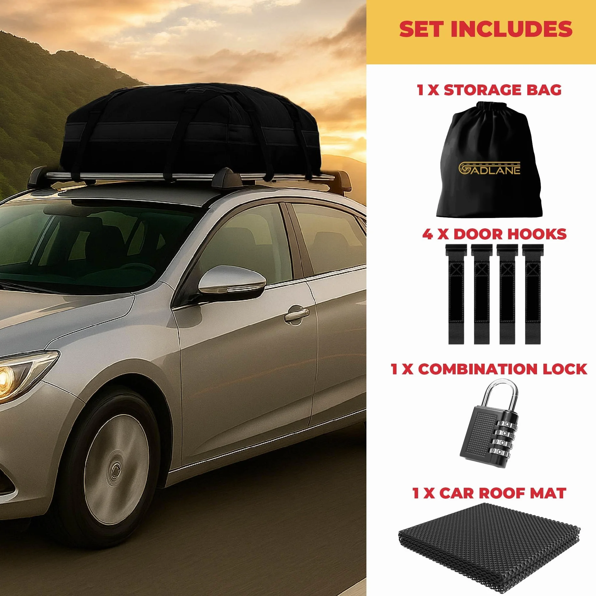 GADLANE Borsa da Tetto per Auto - 425L Box da Tetto Impermeabile per Auto con/senza Portapacchi, con Tappetino Antiscivolo, 4 Cinghie Robuste, Lucchetto a Combinazione, Borsa Portaoggetti (Nero)