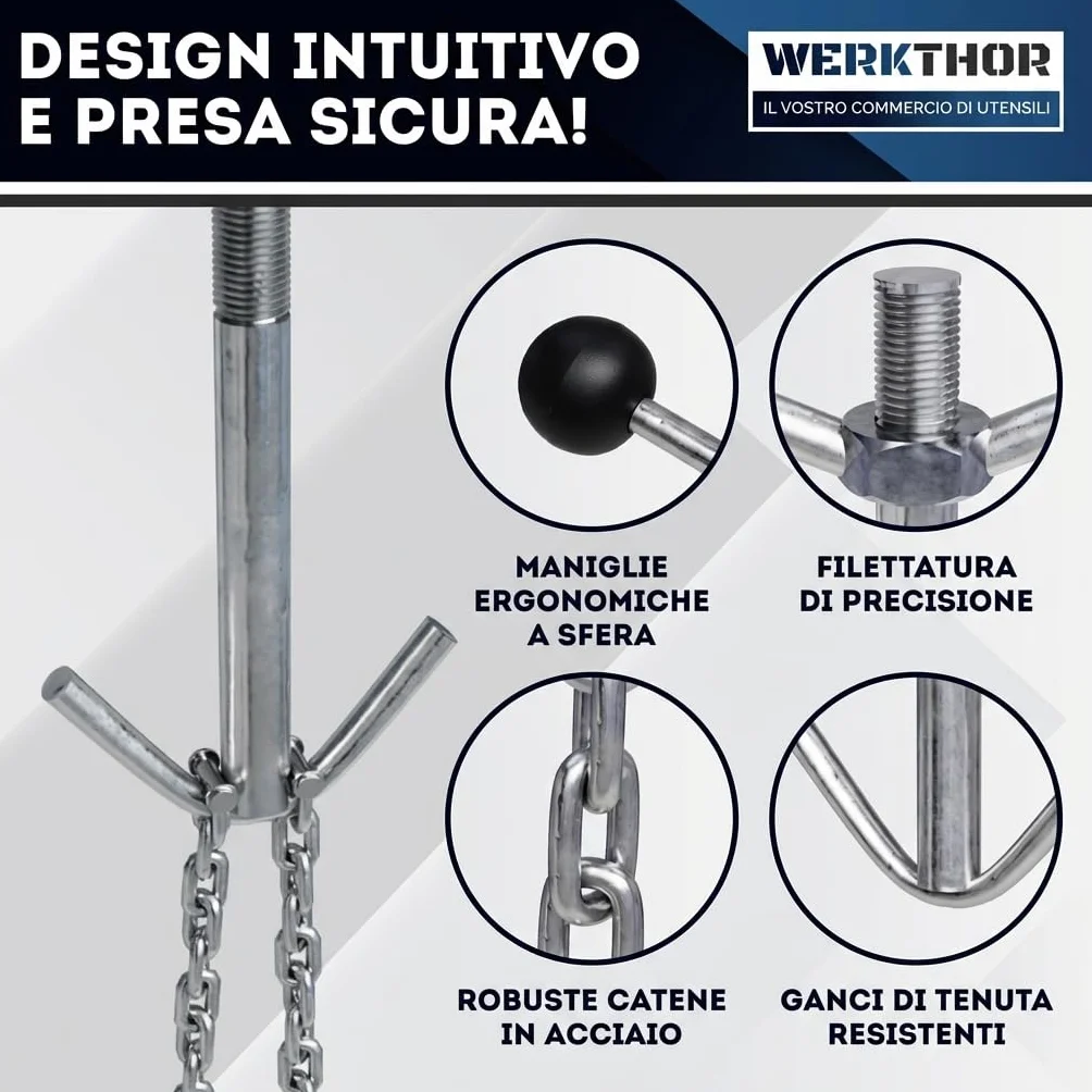 WERKTHOR Ponte motore 500 kg massiccio per auto Traversa parafango regolabile 150 cm Supporto motore 2 catene piedi 360° Ruota motore protezione parafango nero