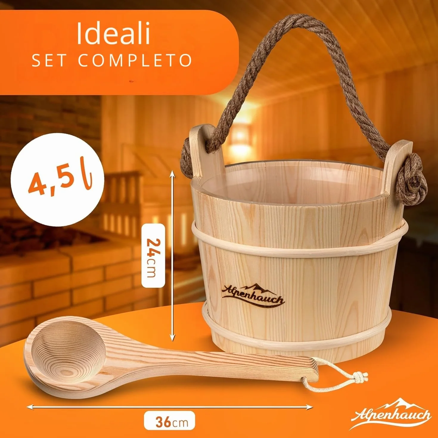 ALPENHAUCH Secchio per sauna con cazzuola legno naturale, set accessori durevoli per infusione