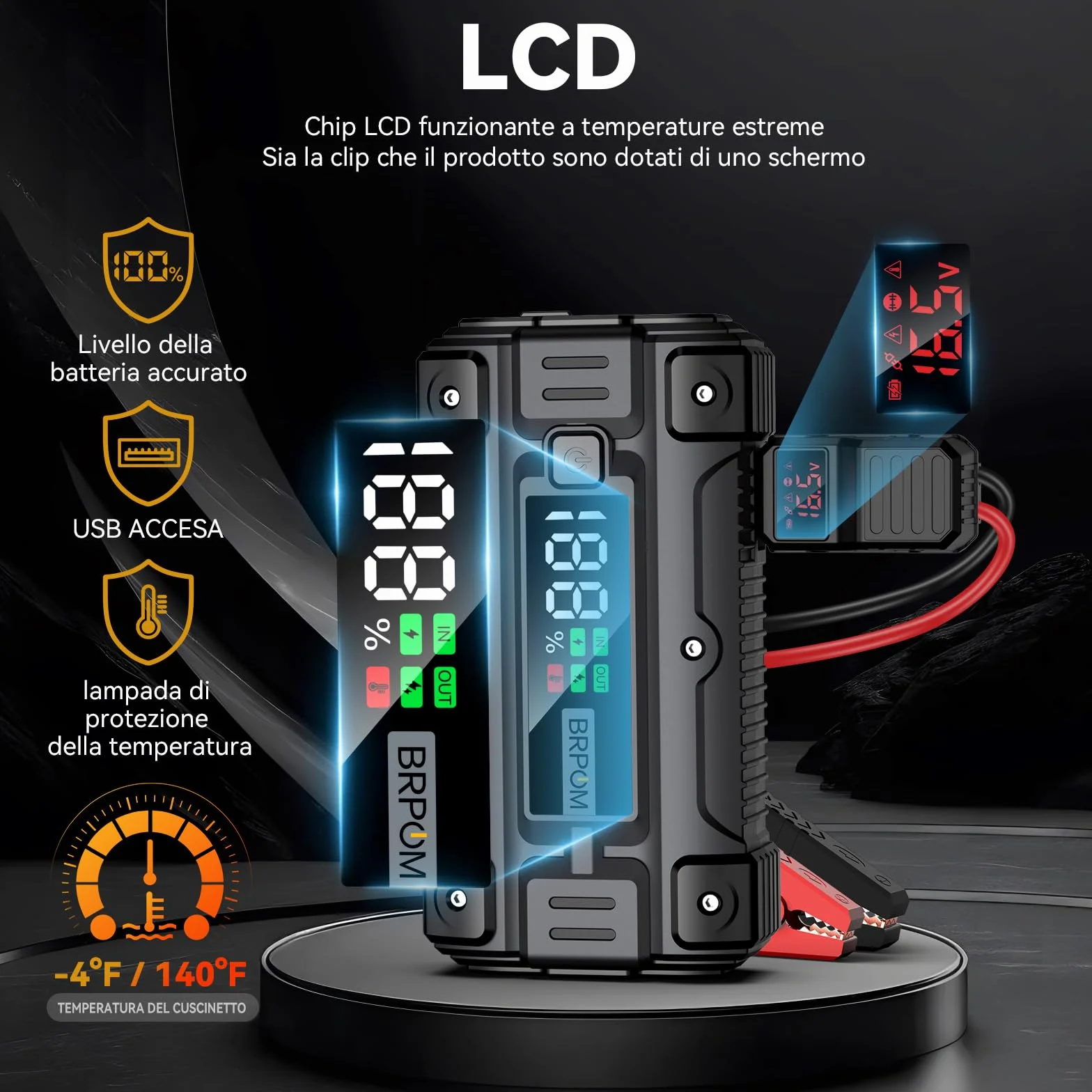 BRPOM Avviatore Batteria Auto 9000A 26800mAh Booster Avviamento con Torcia LED USB Quick Charge 3.0