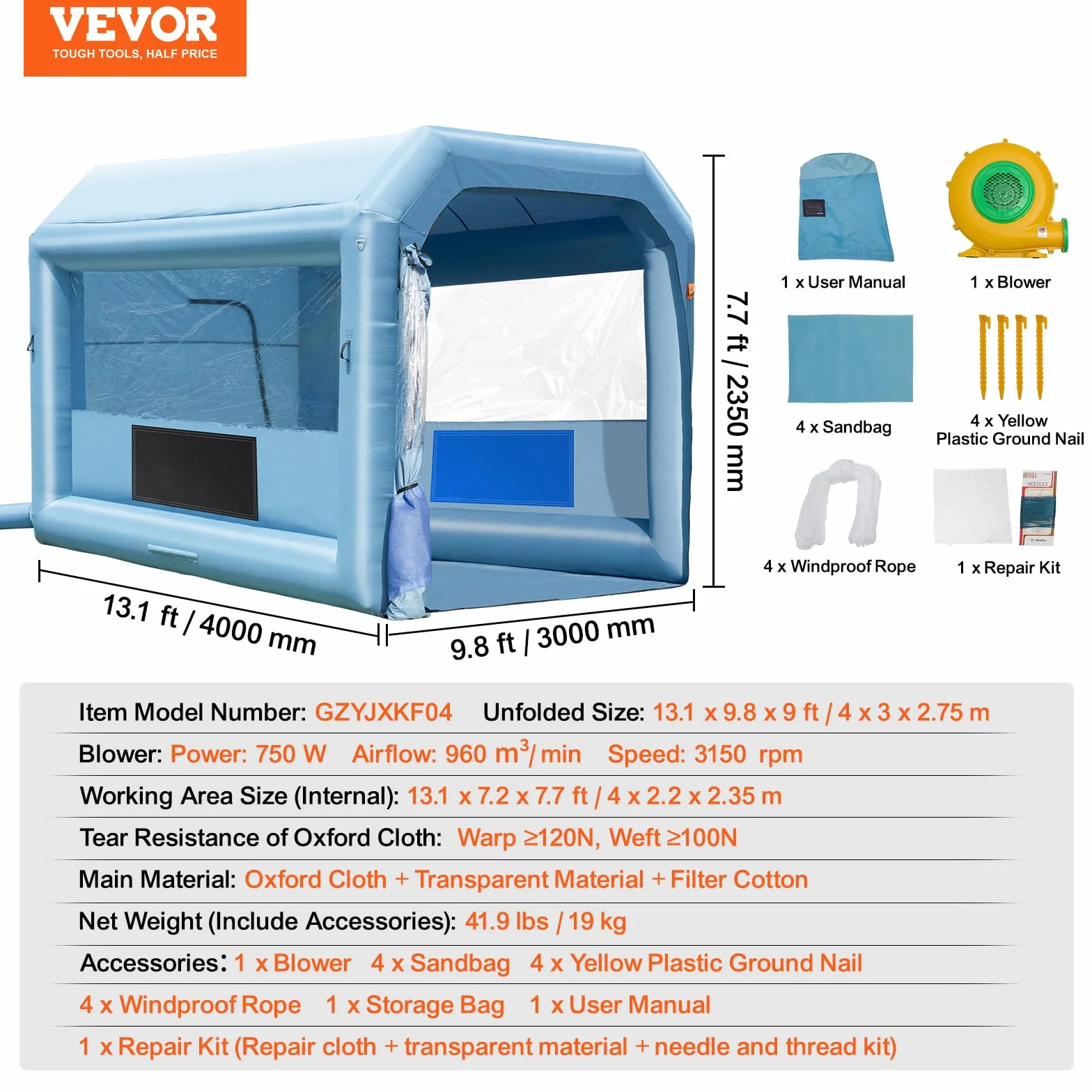 VEVOR Cabina di Verniciatura Gonfiabile, Tenda di Verniciatura Gonfiabile Portatile Potente Ventilatore, Sistema di Filtro dell'Aria, Verniciatura per Auto Veicoli e Mobili 4 x 3 x 2,75 m, 750 W