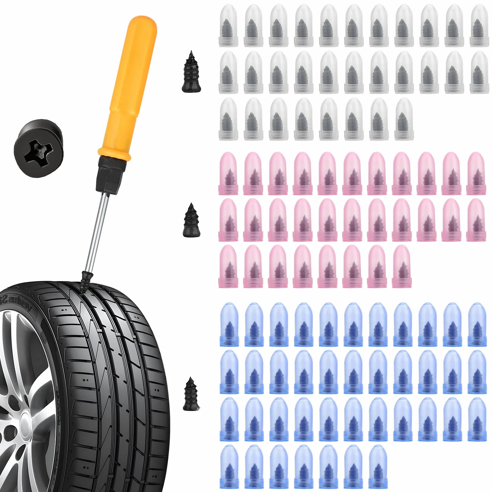 Kit Riparazione Pneumatici Auto 100 Pezzi, Set Chiodi Tubeless, Cacciavite e Scatola