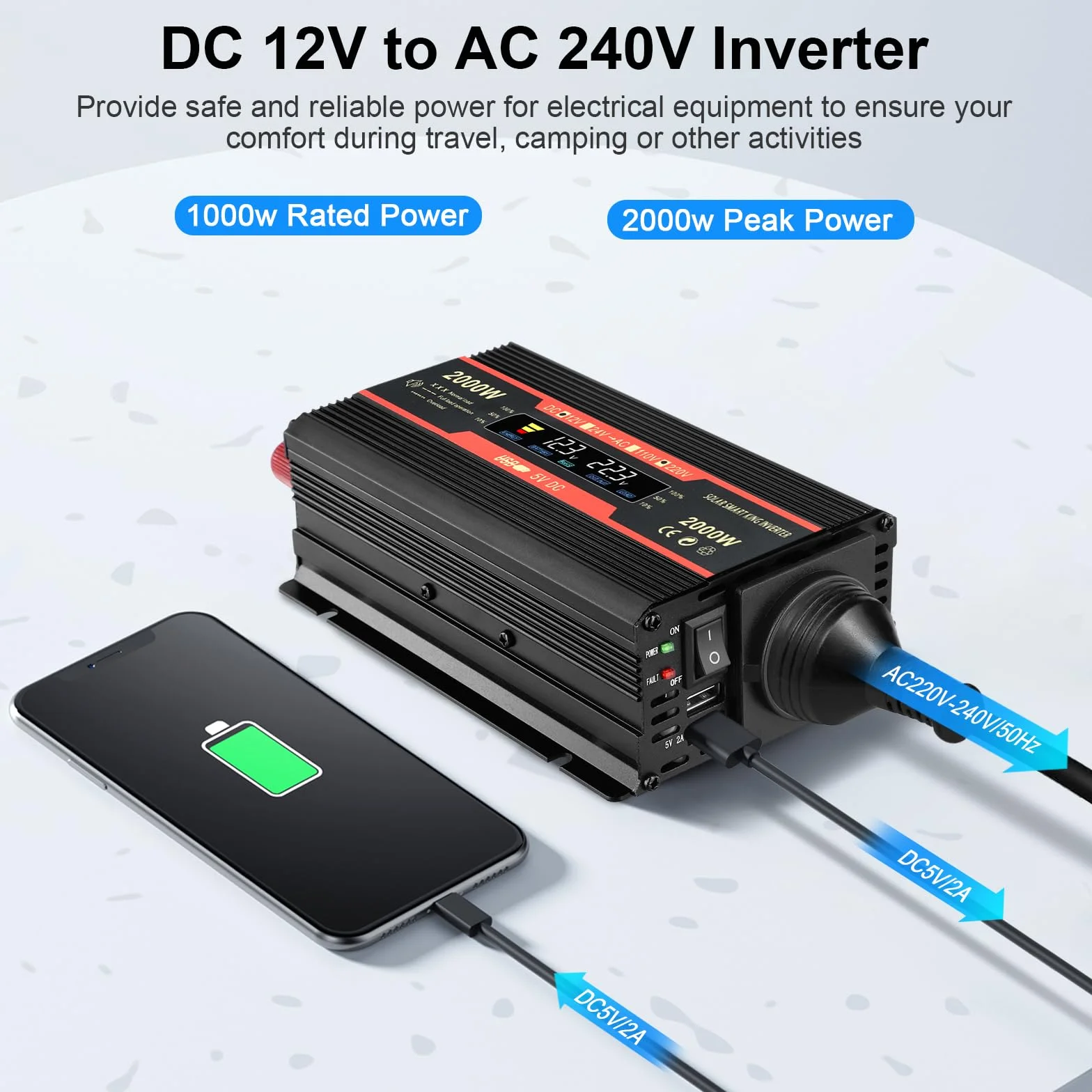 Premio Convertitore di Tensione 2000W 12V 220V Inverter per Auto con Allume Cigare 2 Porte USB