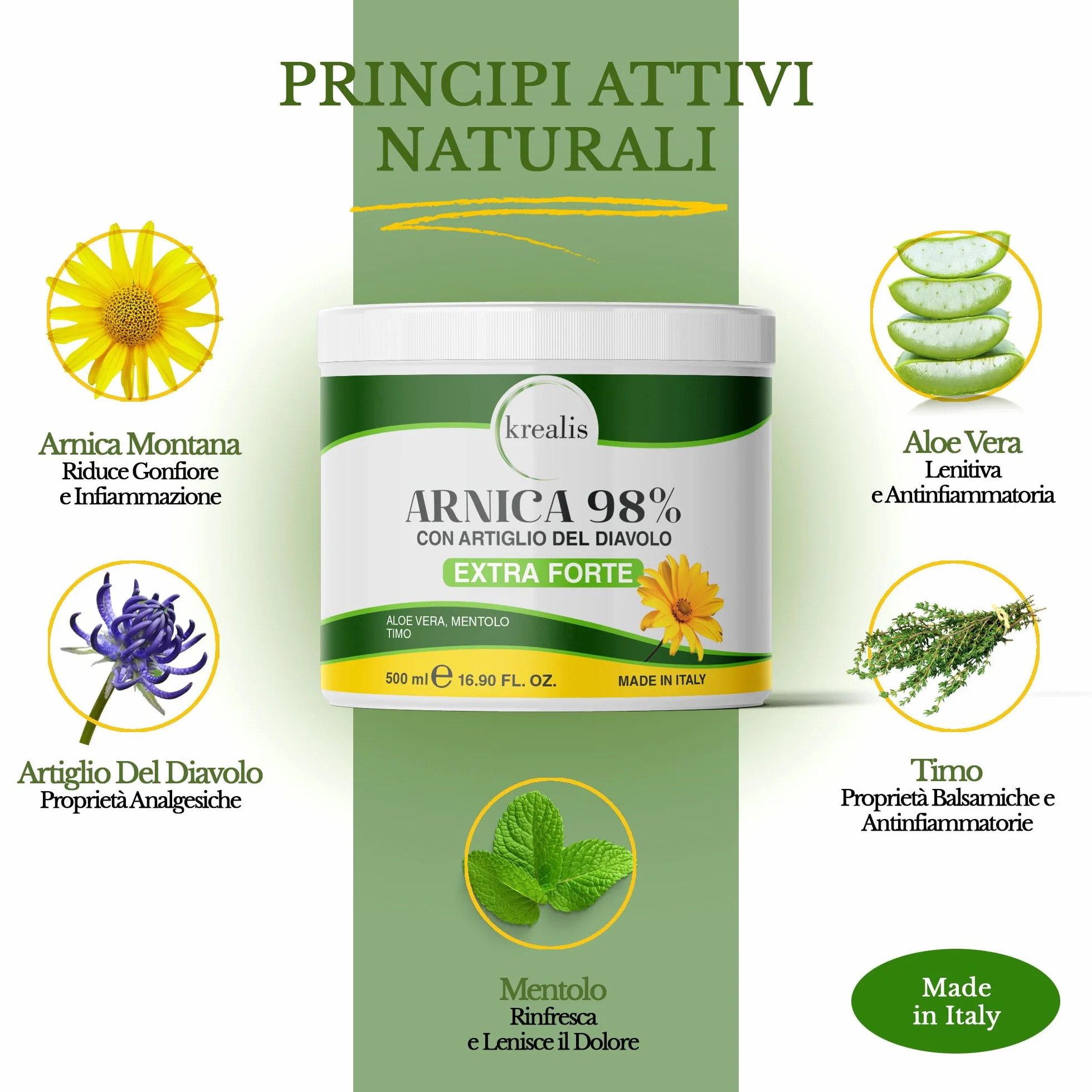 KREALIS Arnica Gel Extra Forte 500ml z Artiglio del Diavolo, Crema Massaggio per Muscoli e Articolazioni, Made in Italy