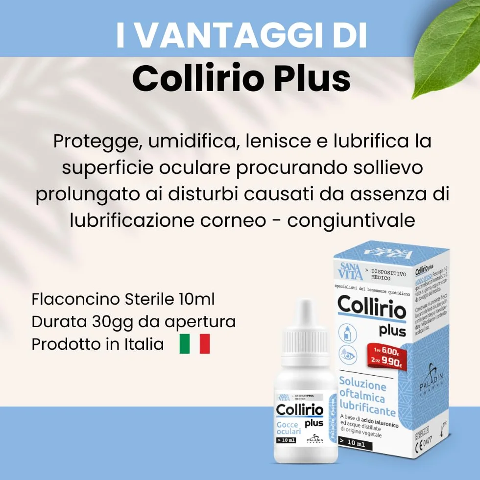 Sanavita Collirio Plus Soluzione Oftalmica Lubrificante 0,4% Acido Ialuronico Dispositivo Medico CE Flacone Multidose 10 ml