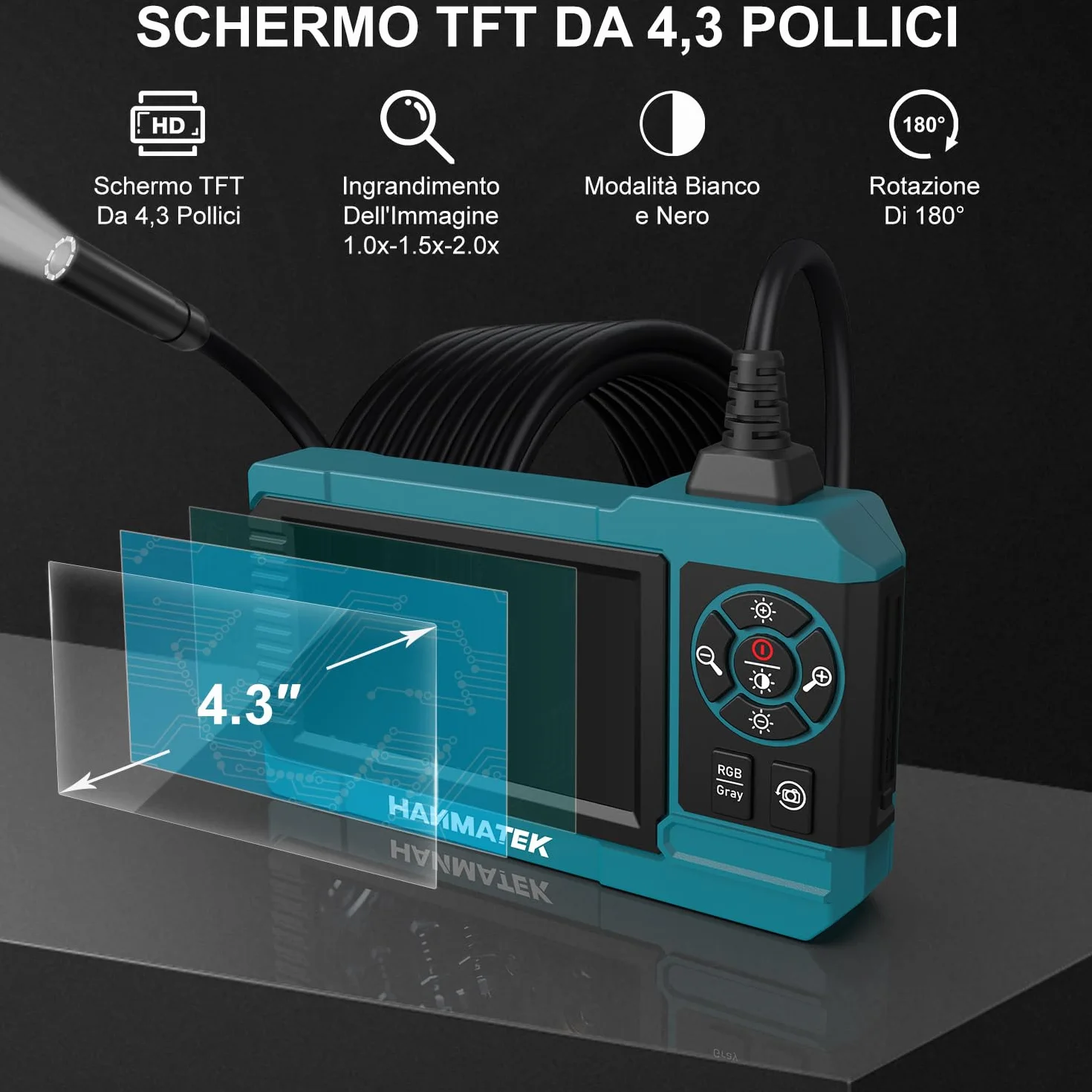 HANMATEK Endoscopio Industriale 8mm 4.3'' 1080P Cavo 5m IP67 8 LED USB-C Rotazione 180° IE01
