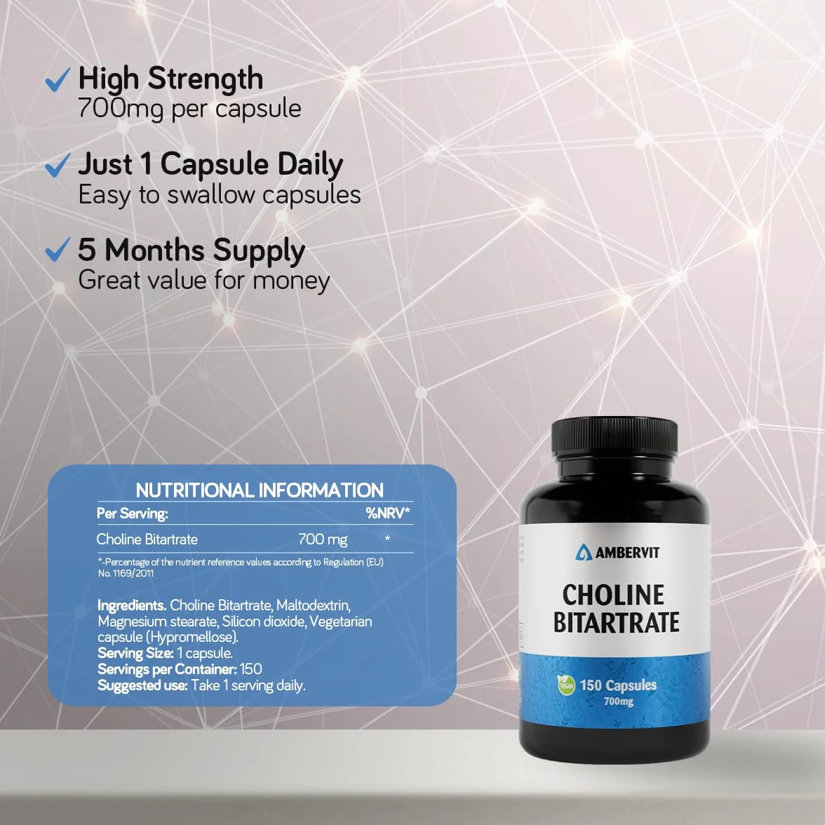 Colina Integratore 700mg 150 Capsule Bitartrato Alto Dosaggio Non-OGM Senza Glutine Ambervit