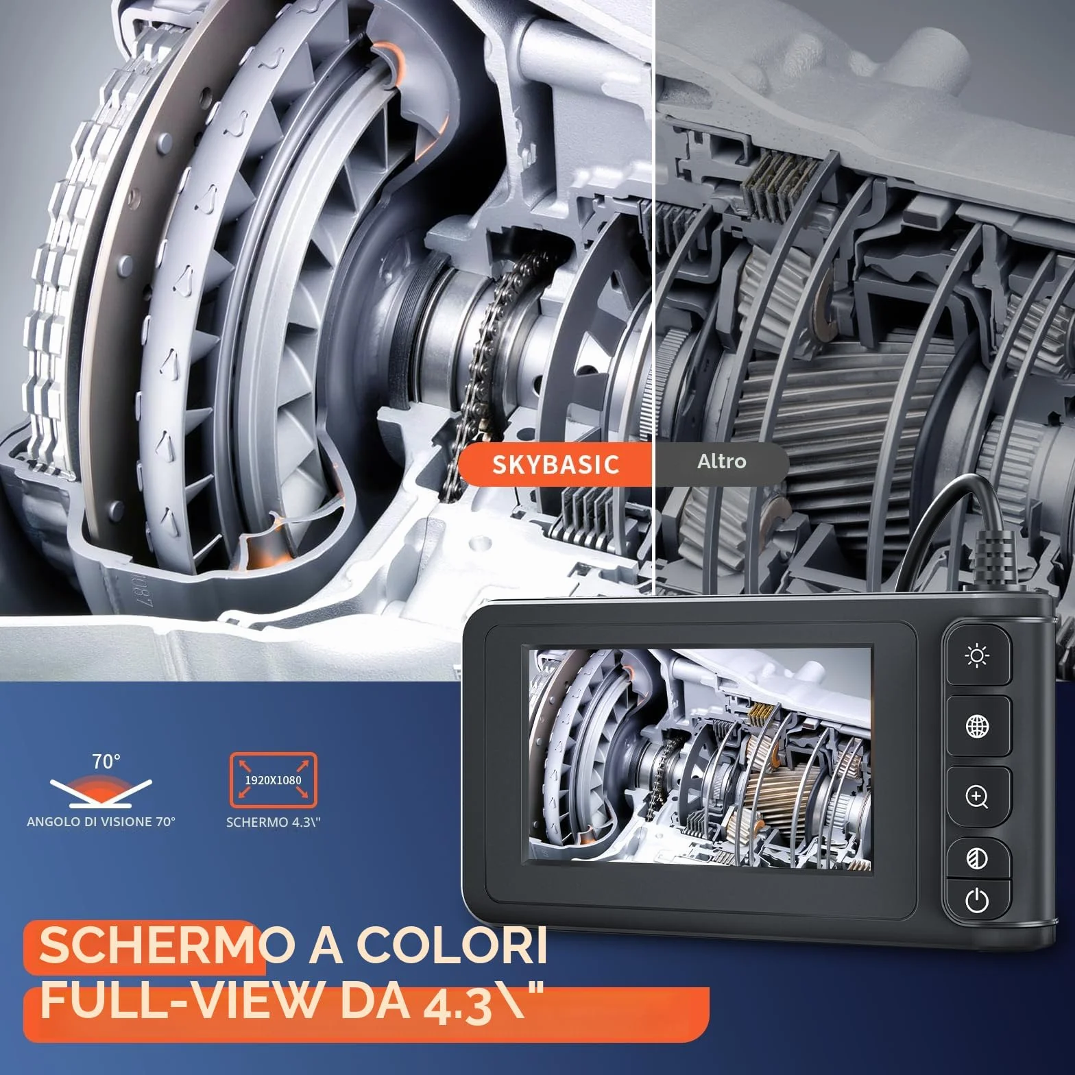 SKYBASIC Endoscopio Industriale 7.9mm 4.3" Schermo LCD IP67 Telecamera Ispezione DT-20M