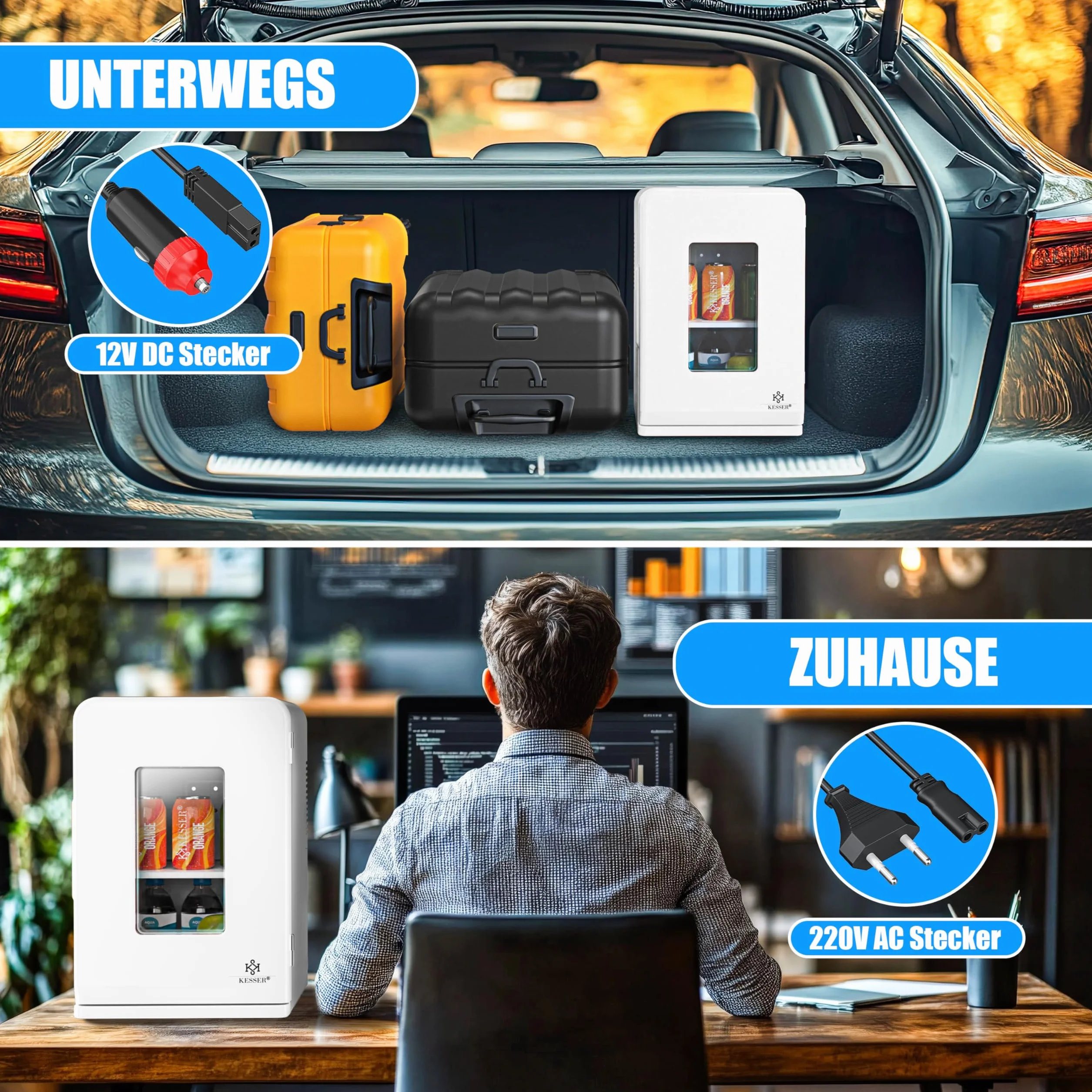 KESSER® 2in1 mini frigo box 15 litri funzione raffreddamento e riscaldamento portatile AC DC 220-240V/12V presa e accendisigari scalda sigaretta mini box termico auto ufficio, bianco