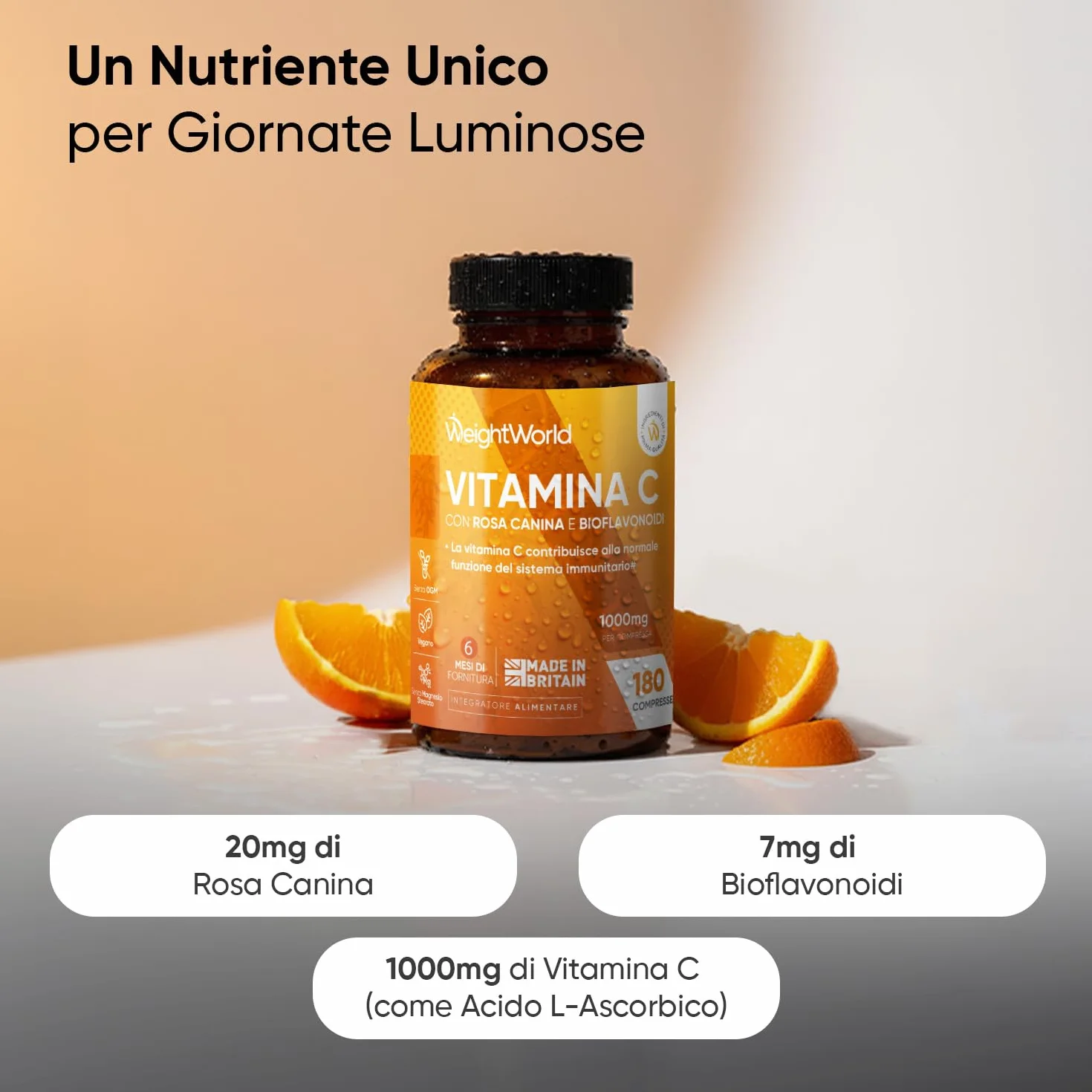 Vitamina C 1000mg Vegana con Rosa Canina 180 Compresse Integratore Acido Ascorbico Bioflavonoidi