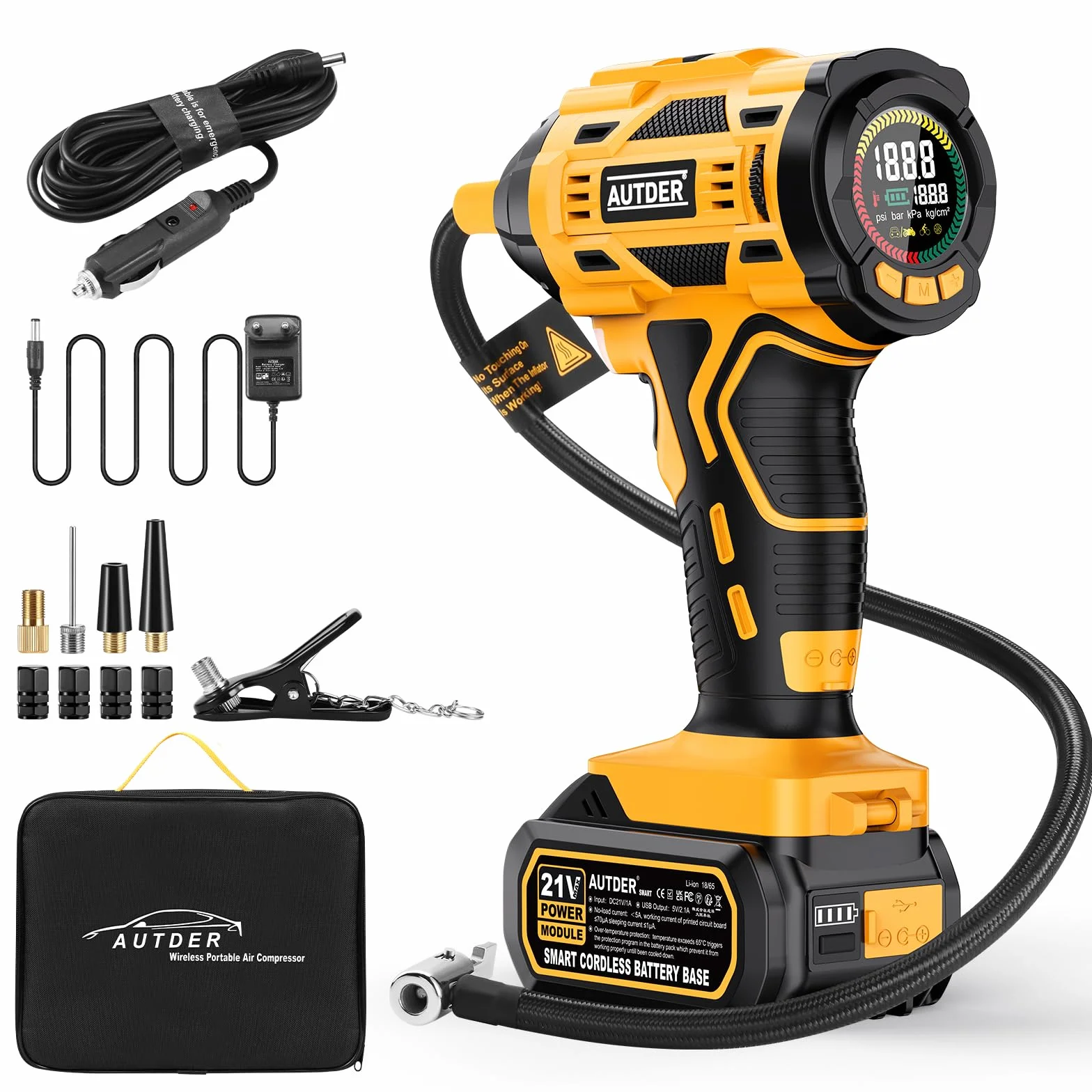 AUTDER Gonfiatore Pneumatici Portatile 180 PSI, Compressore Aria Senza Fili 21V con Batteria Rimovibile e Cavo Auto 12V, Spegnimento Automatico, Display LCD, LED