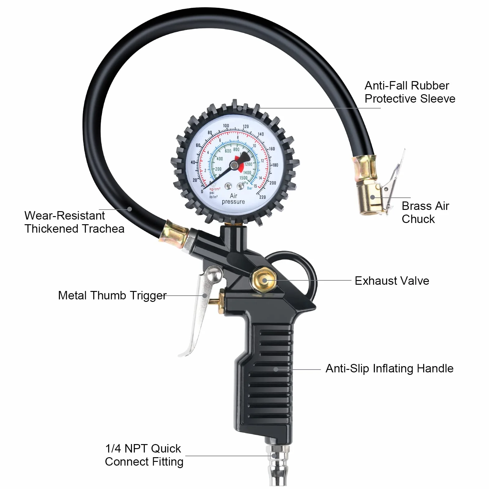 Manometro per Pneumatici 220PSI Pistola Digitale con Tappi Valvola, Ugelli e Prolunga 90°