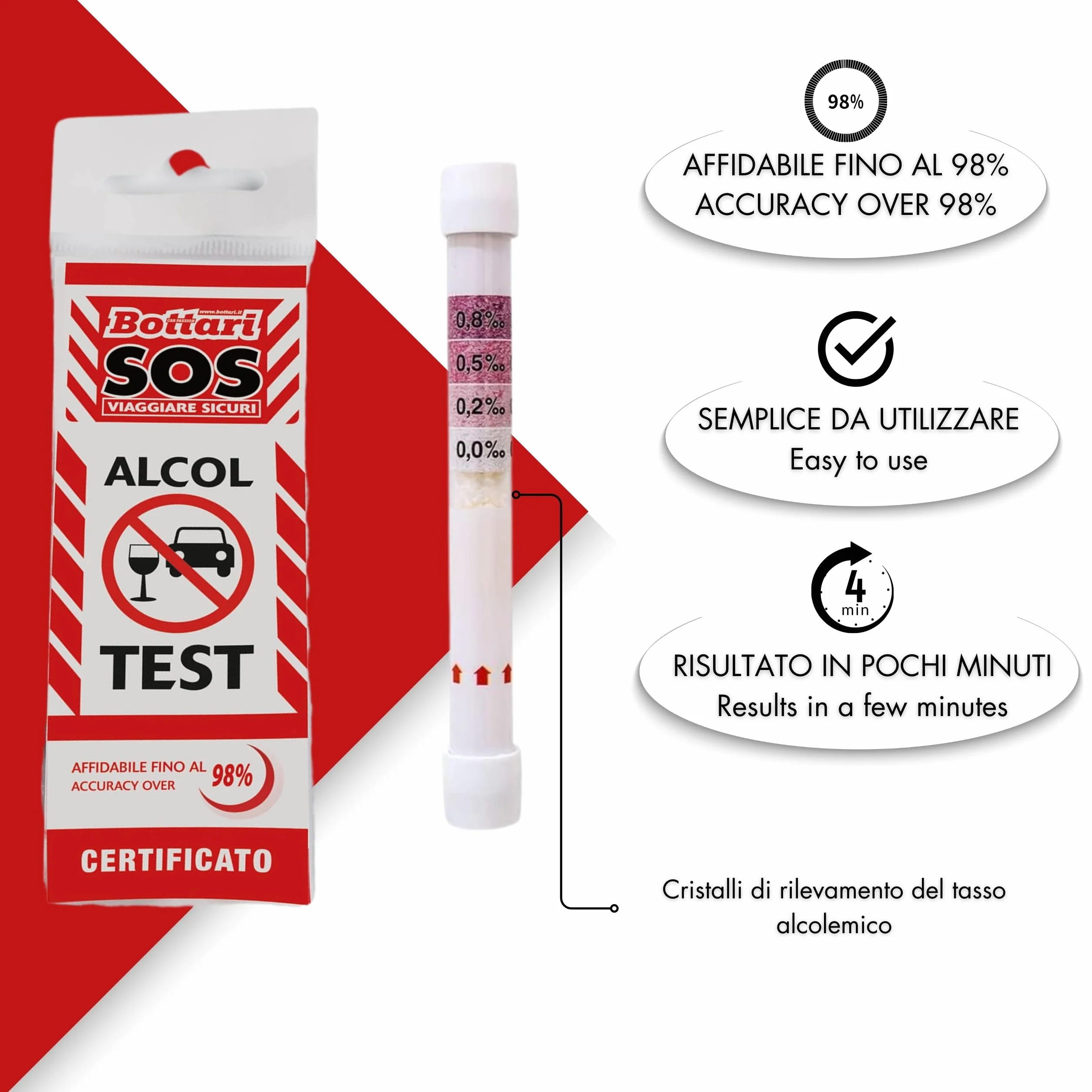 Bottari S.O.S – Alcol Test Monouso Certificato, Alcol Test Approvato Unione Europea, Portatile, Etilometro, Alcol Test USA e Getta, Risultato rapido (1 Pezzo)