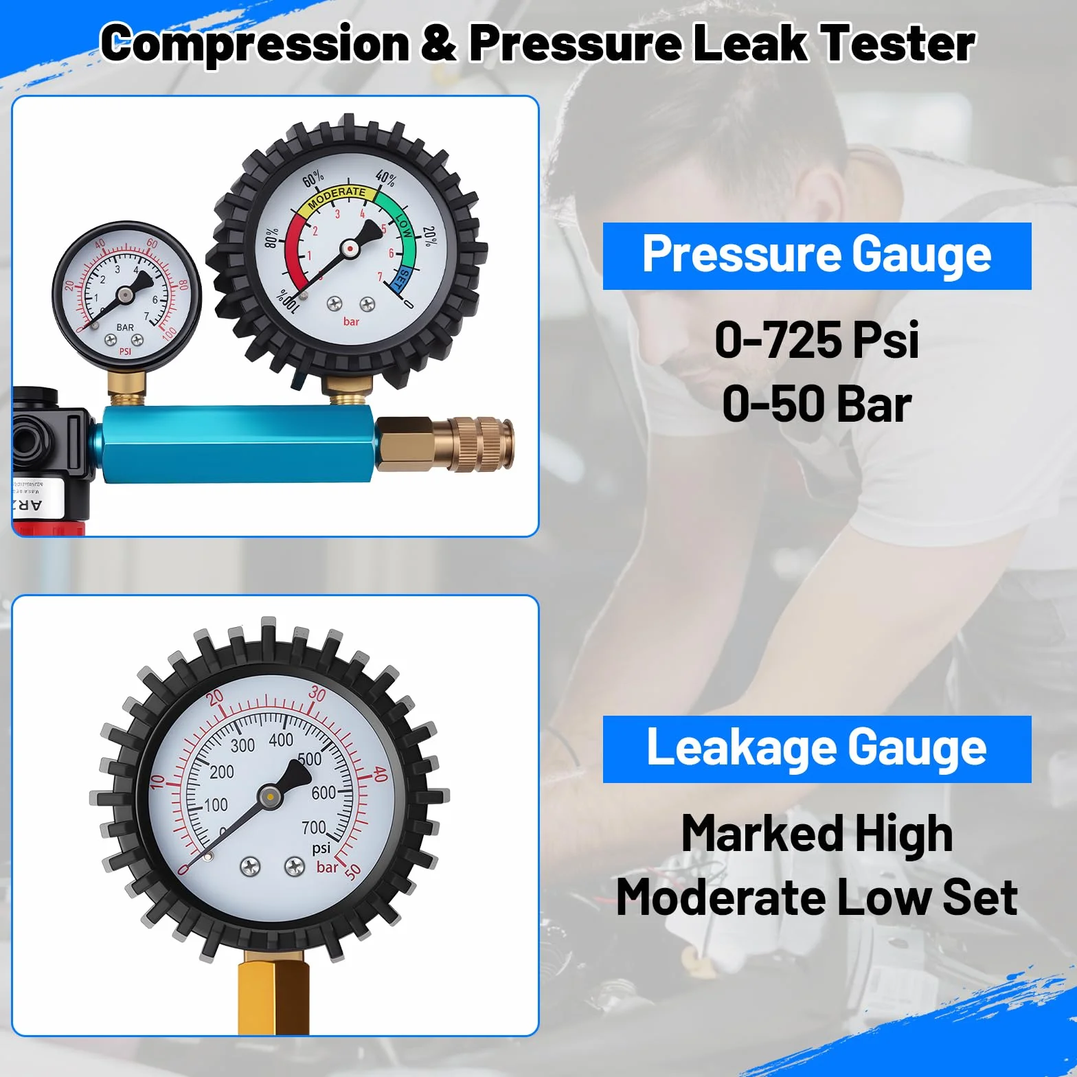KAOLALI 46 Pezzi Tester di Compressione per Motori a Benzina e Diesel, Tester di Perdita di Pressione 0-725 psi, Testers Motore per Motori Diesel e Benzina HDi, TDCi, M24, M22, M20, M14, M12, M10, M8