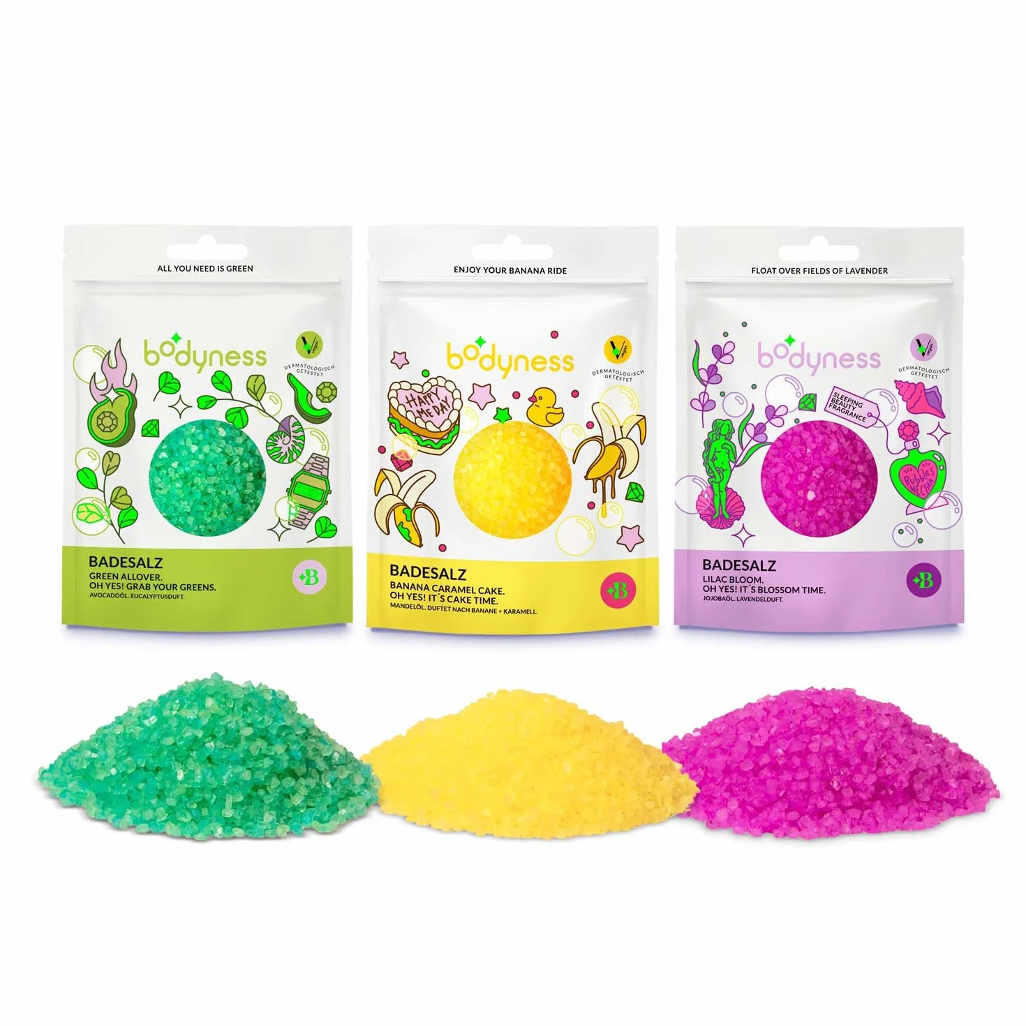 BODYNESS Sali da Bagno 9 Sacchetti 160g 3 Colori Fragranze Additivo Lenitivo
