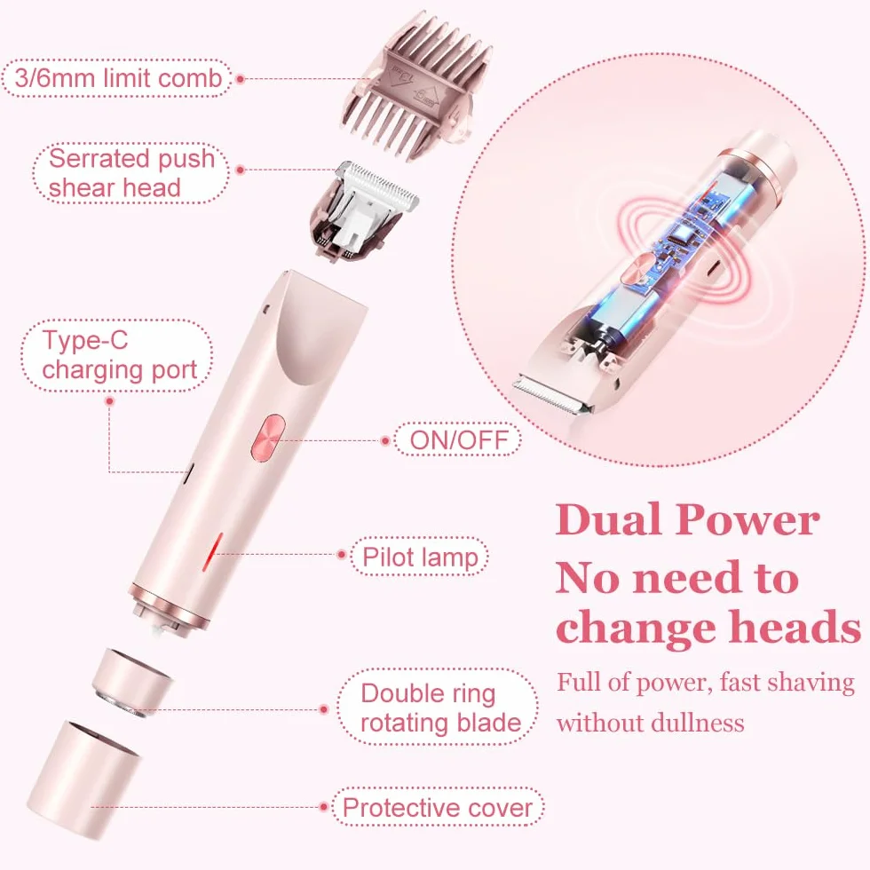 Trimmer bikini ricaricabile a doppia testa - Rasoio intimo elettrico depilatore linea bikini (Rosa)