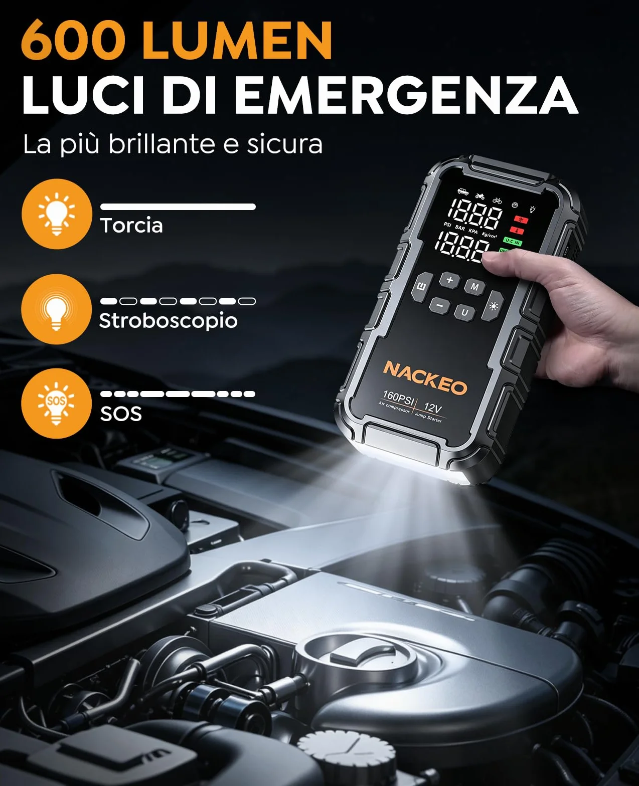 Avviatore Batteria Auto 160PSI 8000A Booster Avviamento 12V con Compressore LED LCD