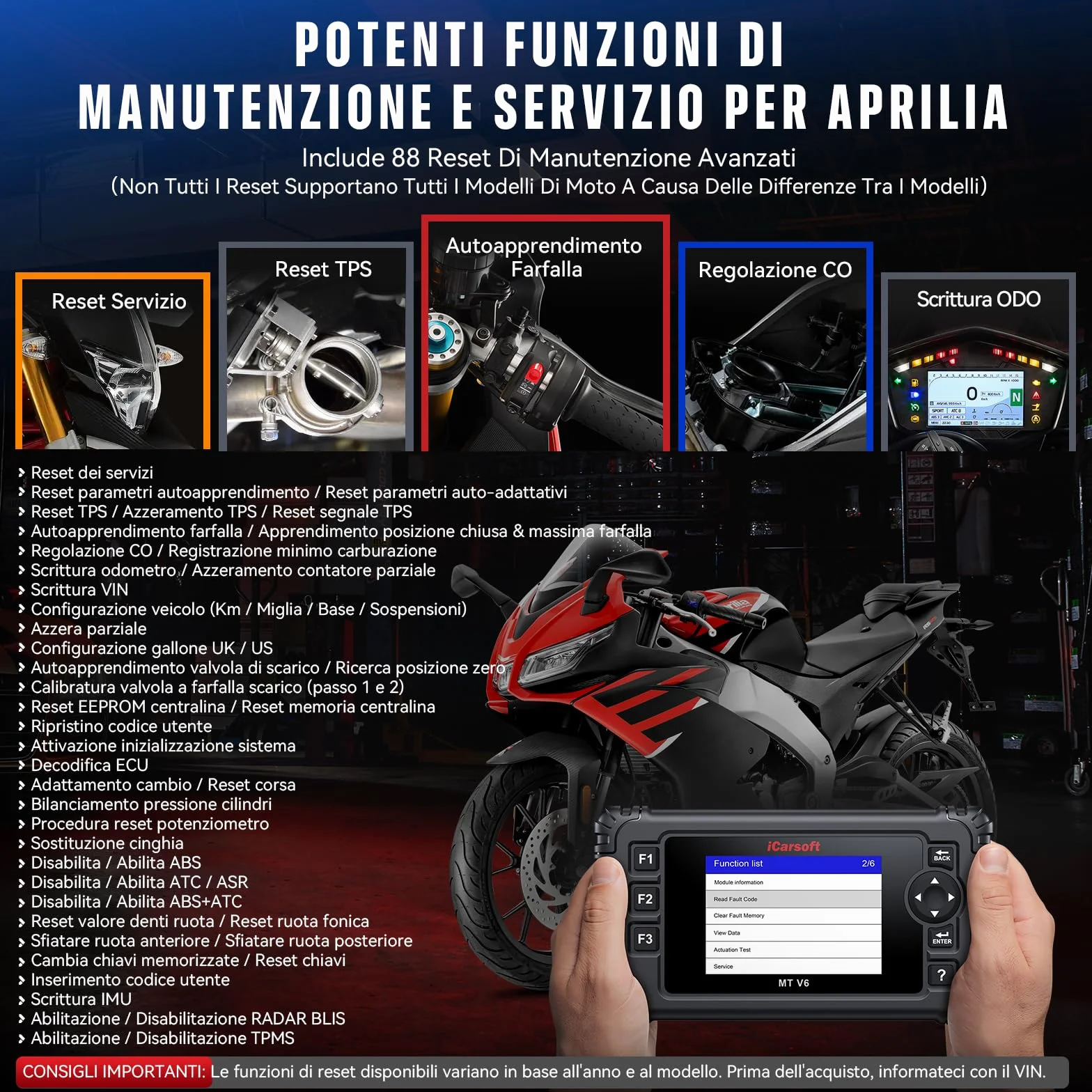 iCarsoft MT V6 Diagnostico per moto Aprilia, 88 servizi di manutenzione, 123 test bidirezionali