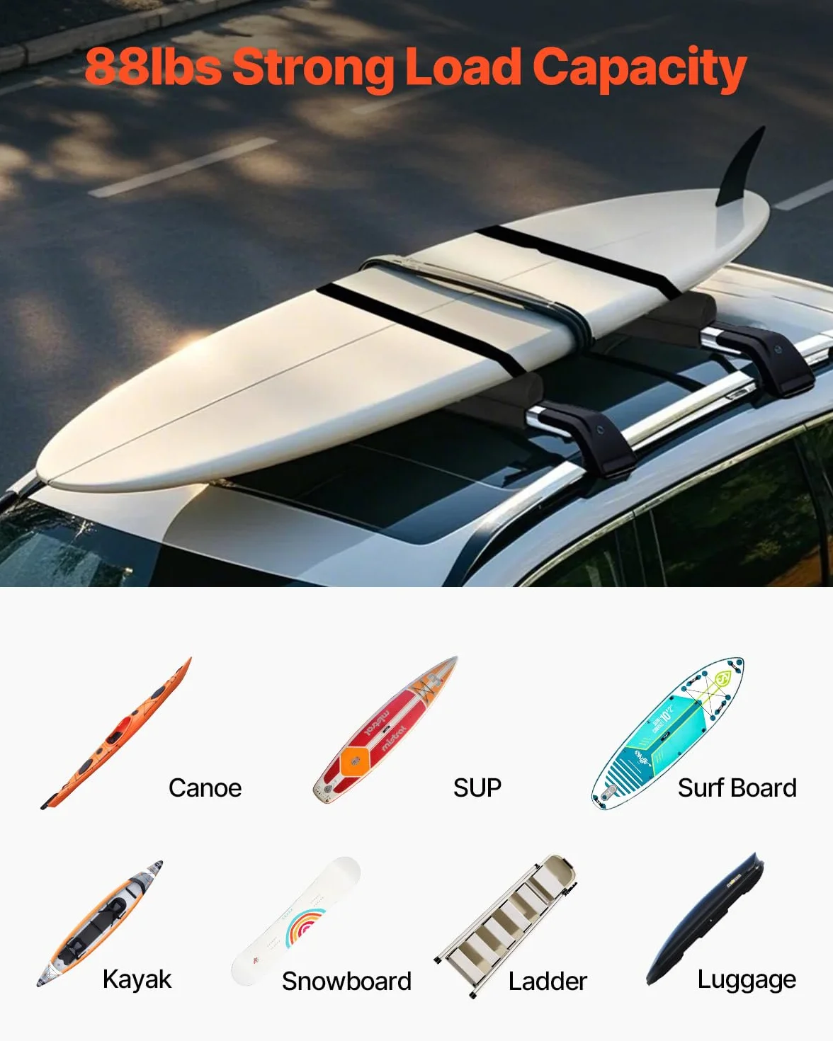 VEVOR Cuscinetti Morbidi per Portapacchi da Tetto, Cuscinetto Universale per Portapacchi per Auto 711,2 mm, Carico 40 kg con 2 Cinghie di Fissaggio e Velcro, Portapacchi per SUP, Canoa, Snowboard