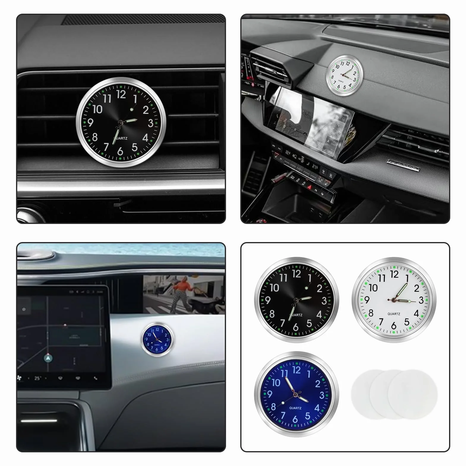 3 Pezzi Orologio per Auto, Mini Quarzo Metallo Cruscotto con Nastro Biadesivo, Nero Bianco Blu