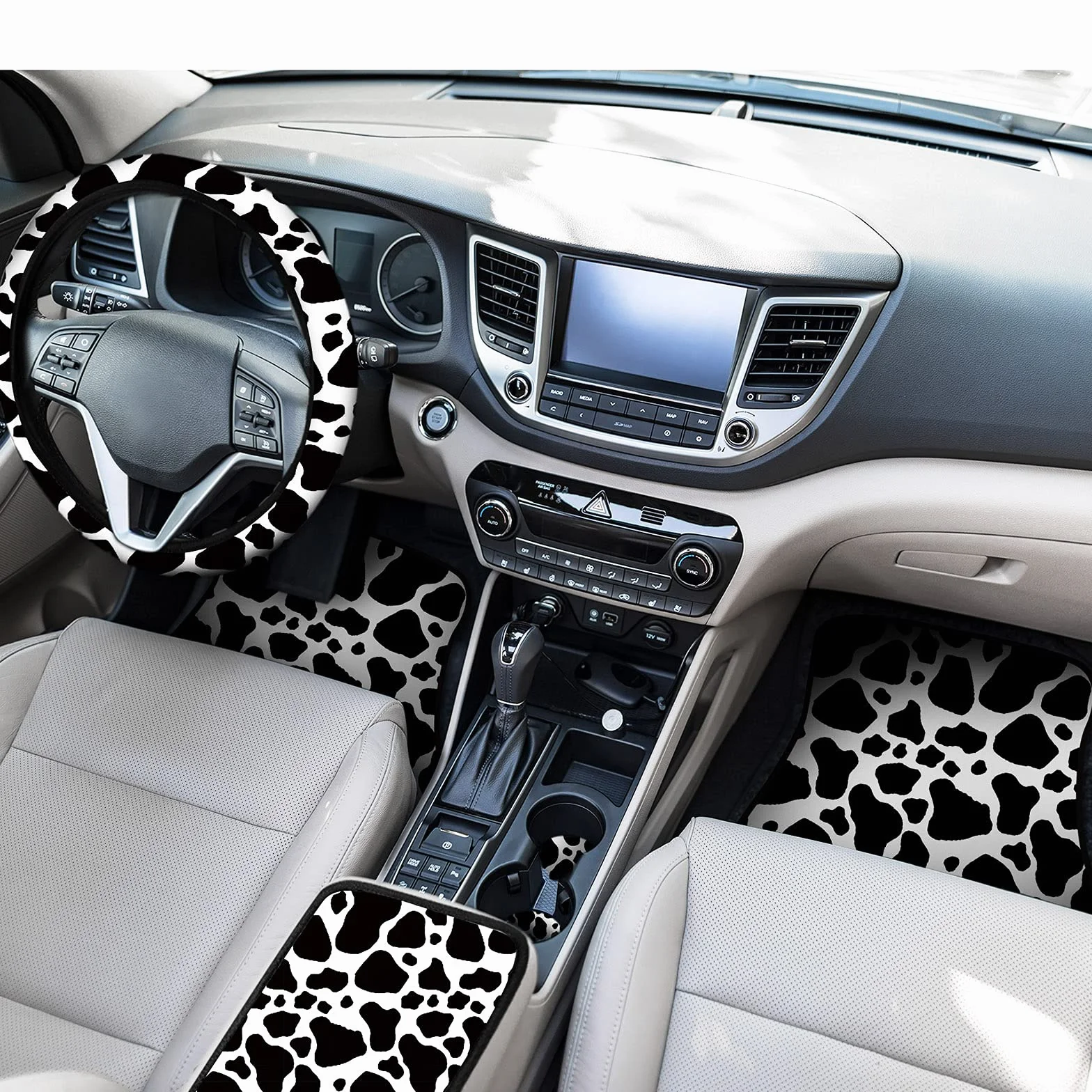 Frienda Set di Accessori per Auto con Stampa di Mucca, per Donne e Uomini, coprivolante per Auto con Stampa di Mucca, Cuscinetti per Cinture di Sicurezza, tappetini per Auto, portabicchieri per Auto,