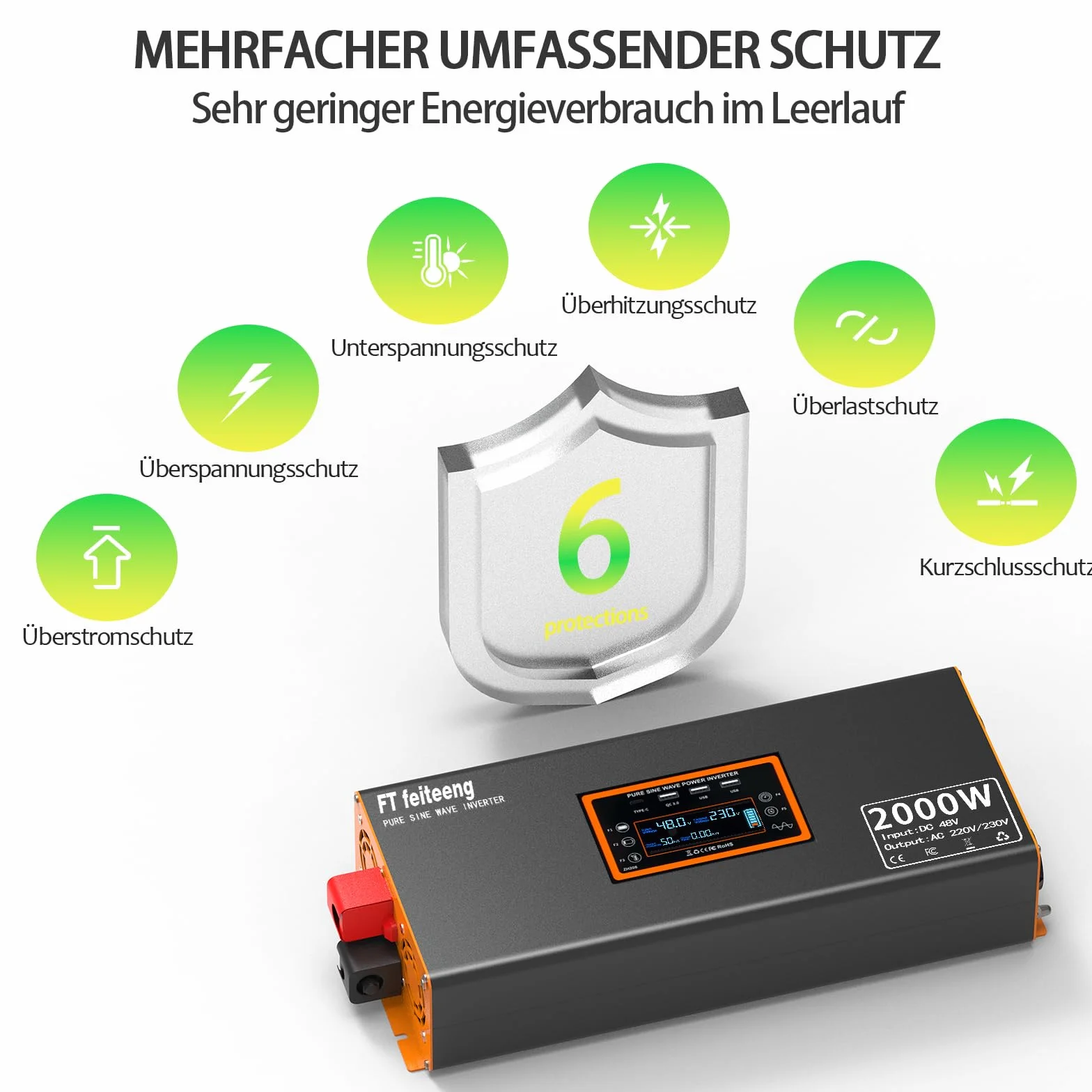 48V 2000W Pure Sine Wave Inverter 48V 220V LCD Display 2 EU Socket 4 USB-C Remote Control for RV Car Camping