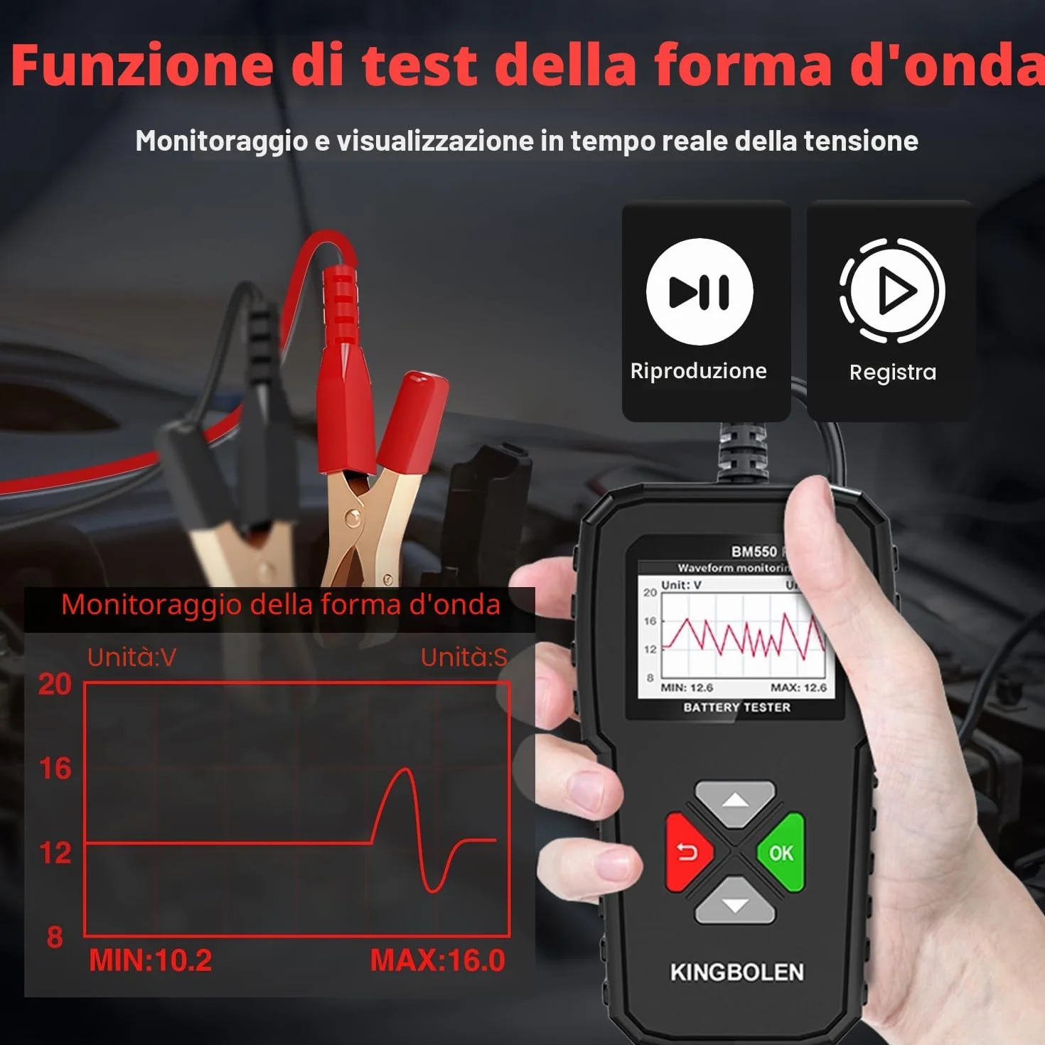 KINGBOLEN BM550 PLUS Tester Batteria 6V 12V 24V Con Display LED, 100-2000CCA 2-220Ah Analizzatore Digitale per Auto, Camion, Marina, Moto