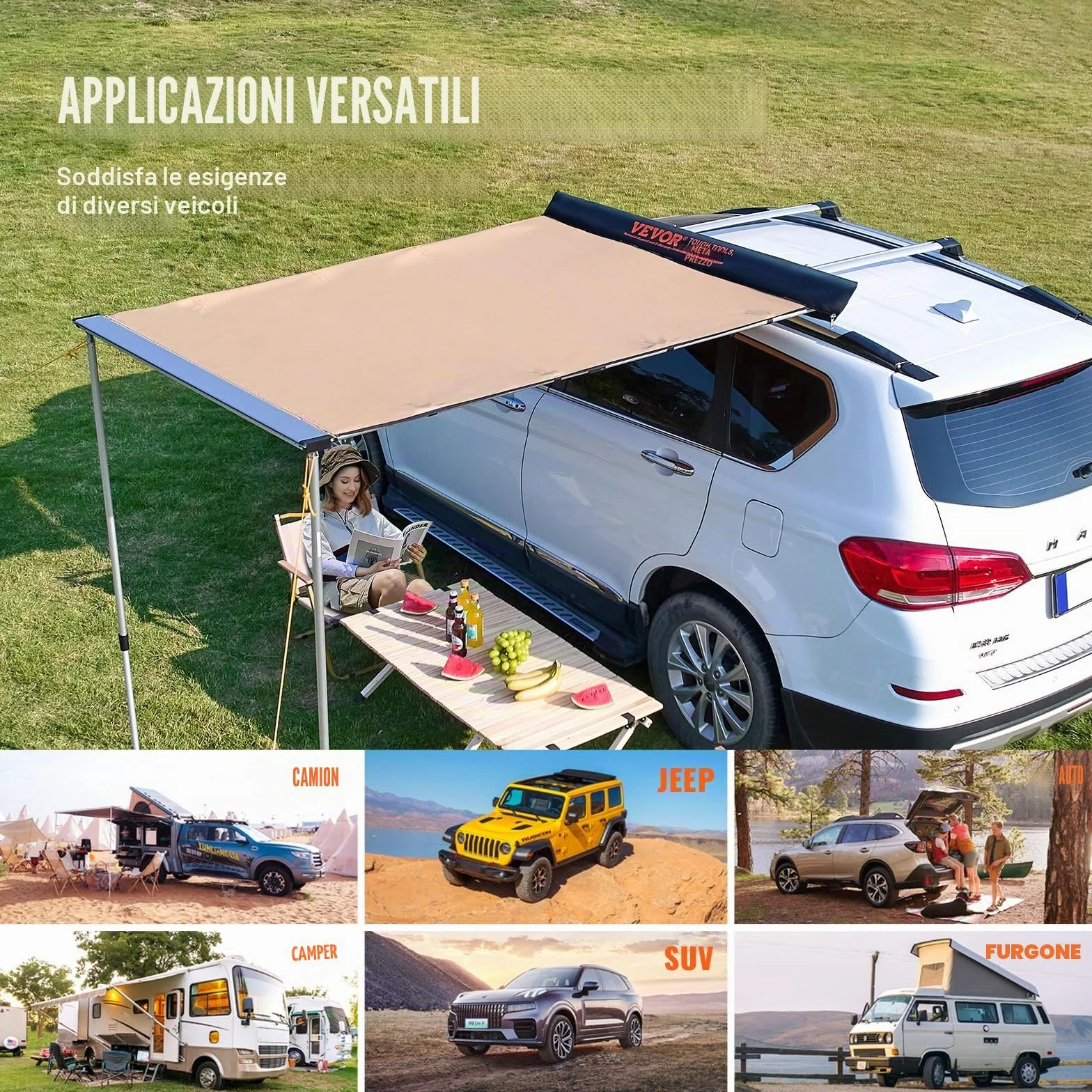 VEVOR Tendalino Laterale Retrattile 2x2,5 m Impermeabile UV50+ PU3000 per Auto Camper SUV