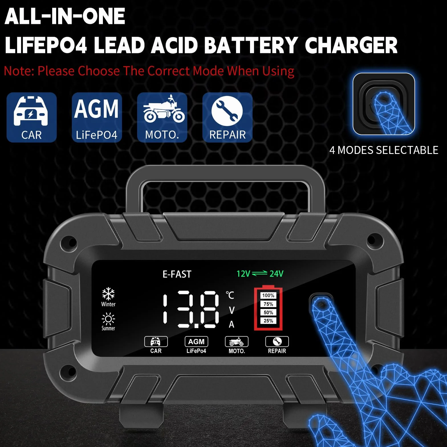 Caricabatteria da Auto 12V/24V Automatico con Display LCD, Intelligente per Batterie AGM/LiFePO4