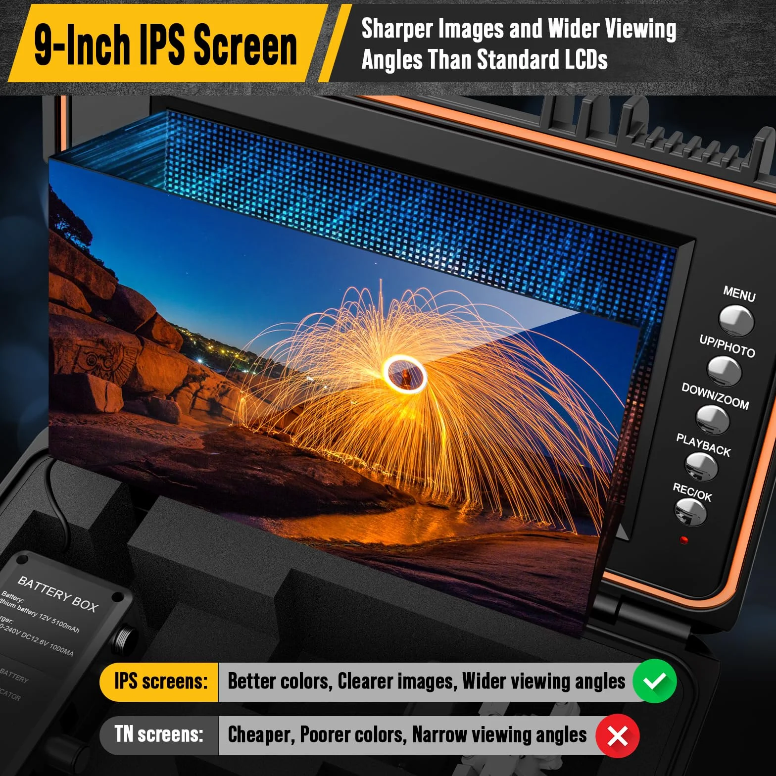 Anysun Telecamera di Ispezione 1080P IP68 23mm Schermo IPS 9" Batteria 5100mAh Endoscopio DVR