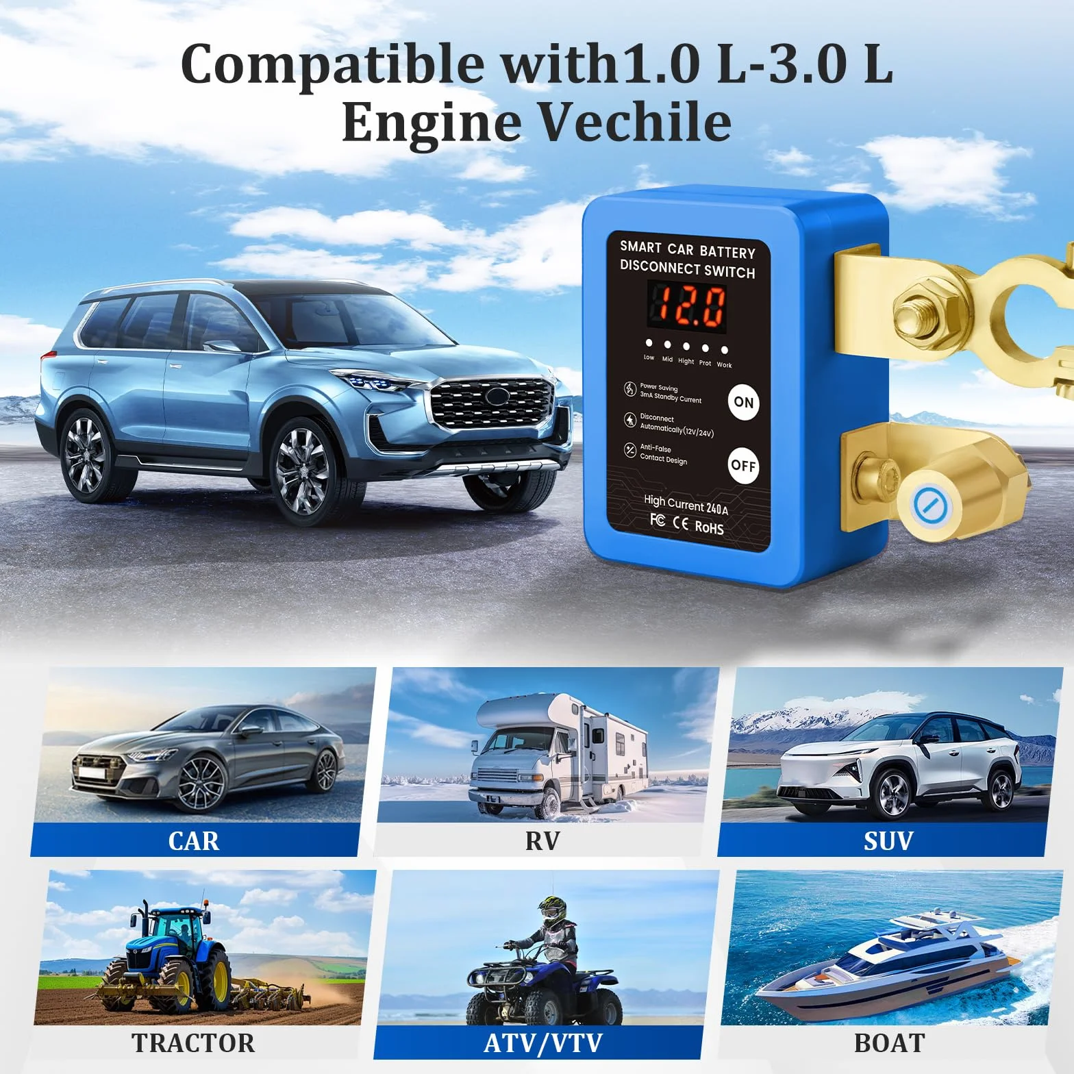 Interruttore di batteria telecomandato senza fili, tazza circuito batteria 12 V 240 A telecomando, interruttore di spegnimento automatico con display a LED per 12 V auto campeggio auto ATV camion