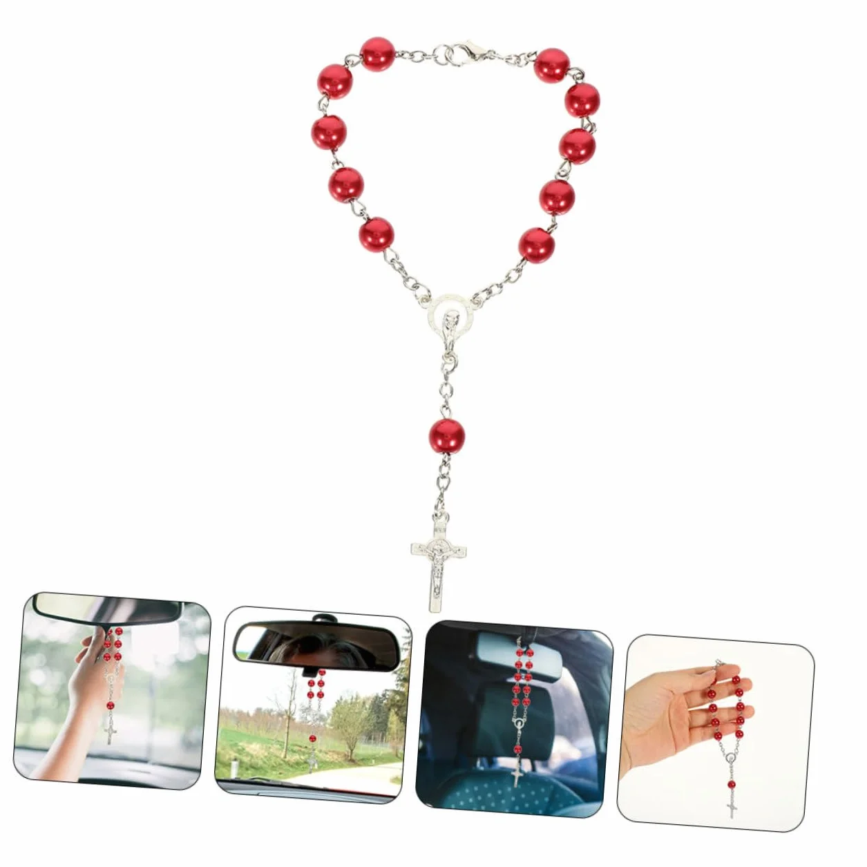 Rosario per Auto Specchietto Retrovisore Croce in Metallo Rosso, Set 2 Pezzi, Decorazione Religiosa Uomo Donna, Accessorio Interni Veicolo per Spiritualità e Stile Stili Multipli