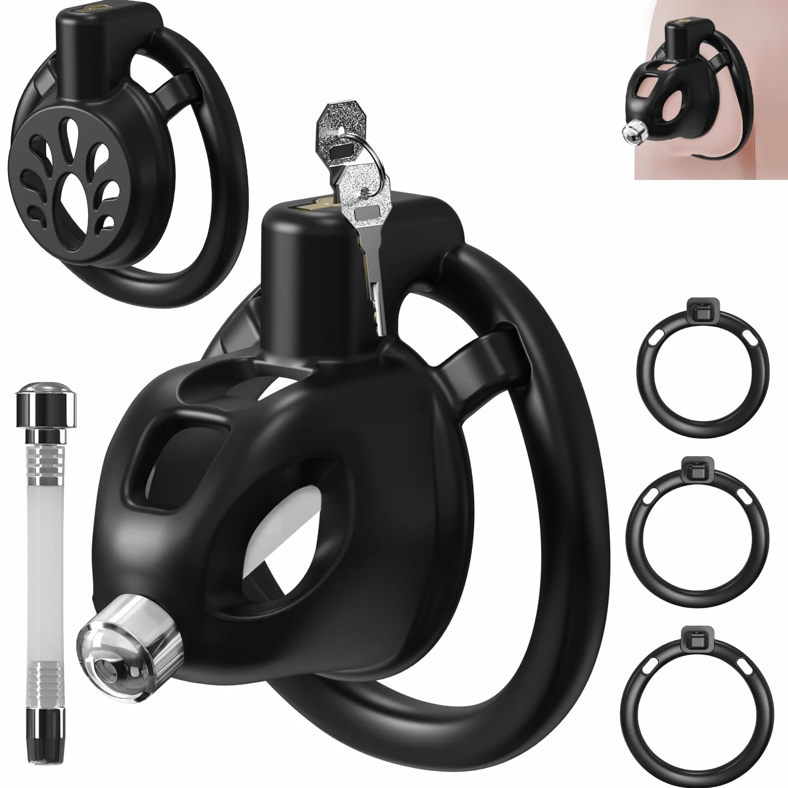 Sexytoysys Gabbia di Castità Piatta per Uomo, 2 Stili Dispositivo di Castità Maschile con 3 Anello per Pene e Catetere Uretrale