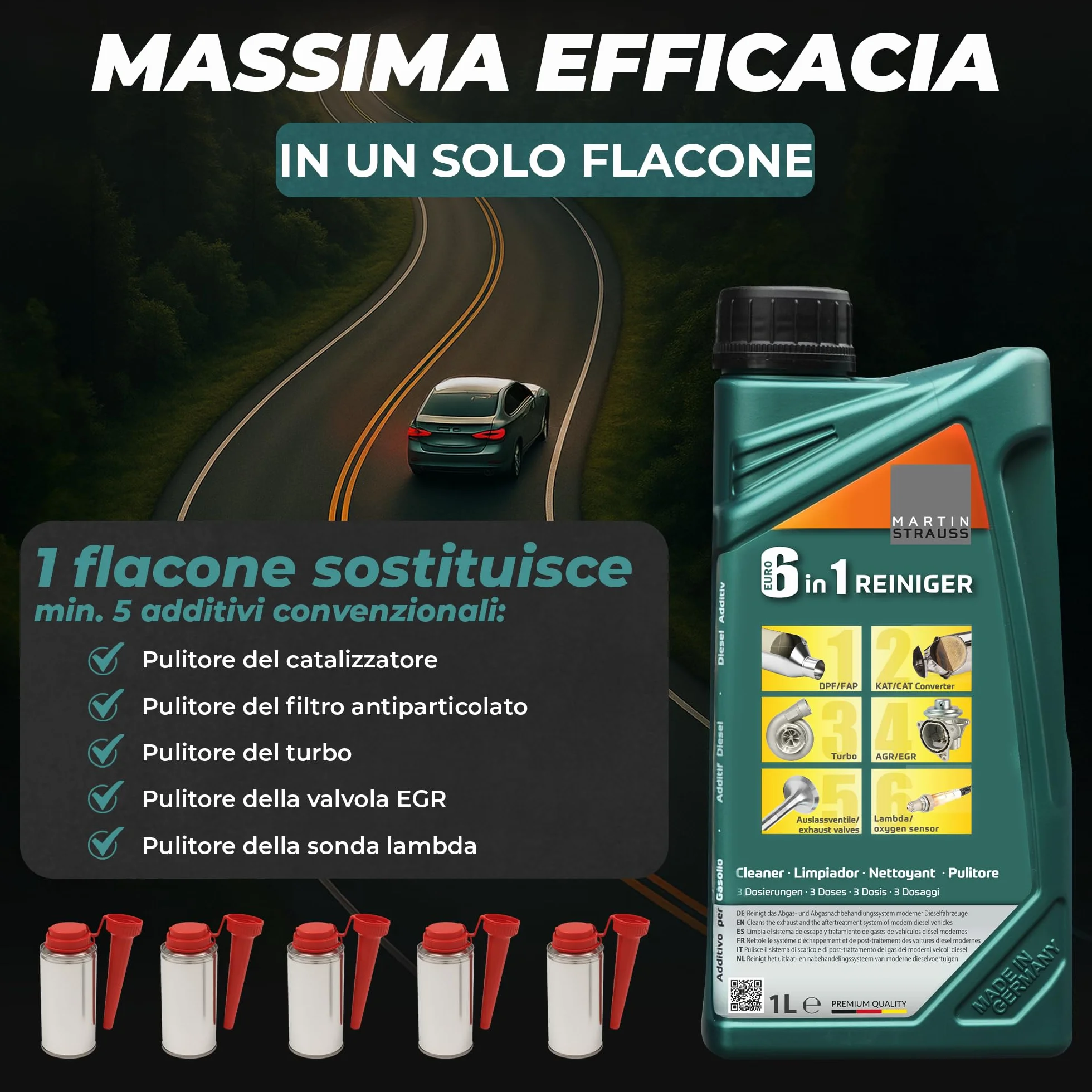 MARTIN STRAUSS Pulitore Diesel EURO 6 in 1. Decarbonizzante del sistema di scarico: Valvola EGR, Turbo, Catalizzatore, FAP, Lambda. 1 Litro, 3 Dosi