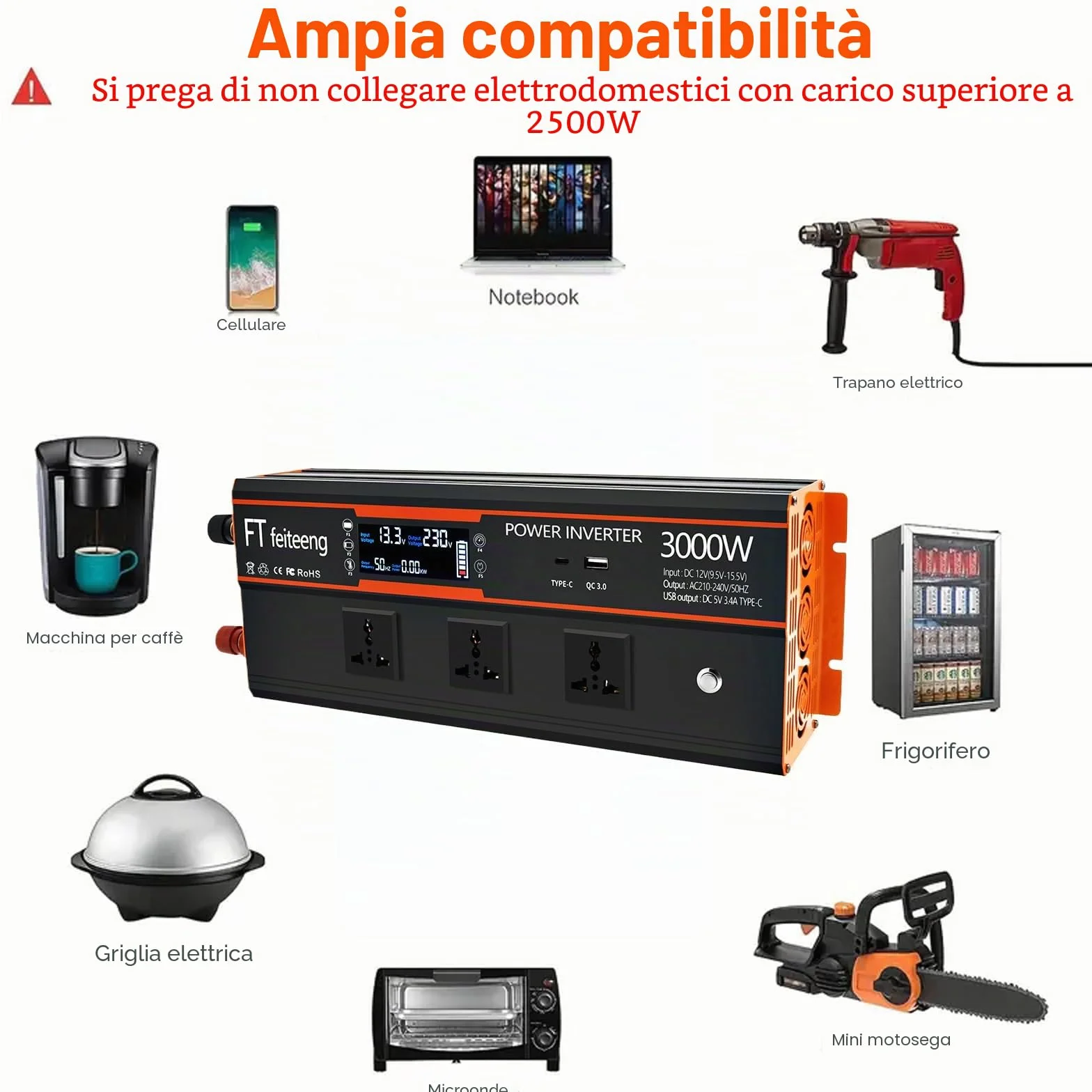 Inverter 3000W/5000W 12V 220V con 2 prese AC display LCD telecomando wireless USB