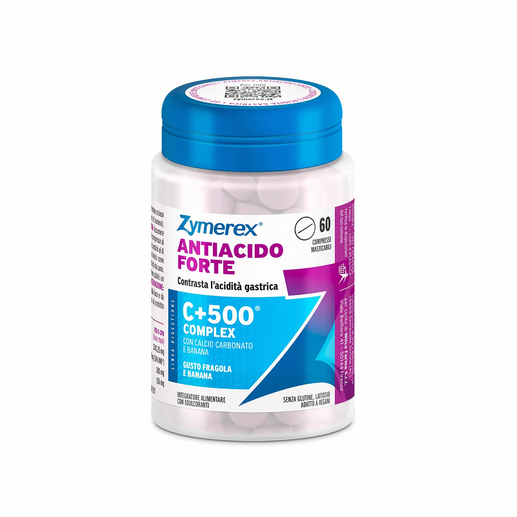 Zymerex ANTIACIDO FORTE 60 compresse masticabili | Contrasta acidità gastrica | Azione forte | Gusto fragola e banana | Senza glutine e lattosio | Adatto a vegani
