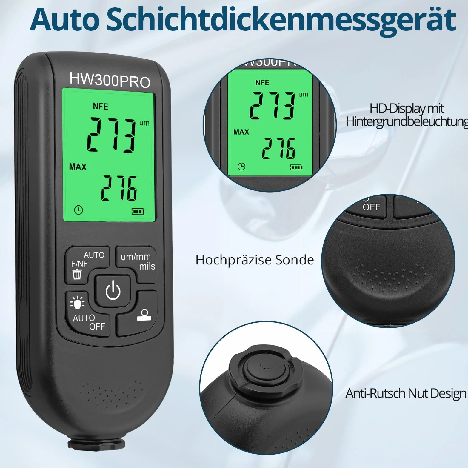Spessimetro Vernice Auto 0-2000um, Misuratore Spessore Coating per Metalli FE/NFE, 3 Unità μm/mm/mil, Display Retroilluminato, 50 Dati, Alta Precisione per Auto Industria Officina