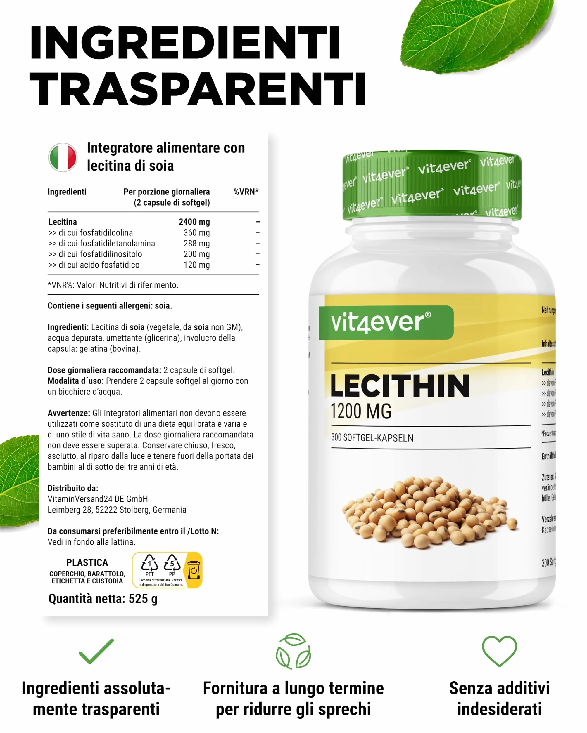Lecitina 1200 mg 300 Capsule Morbide - Lecitina di Soia non OGM - Alta Dose