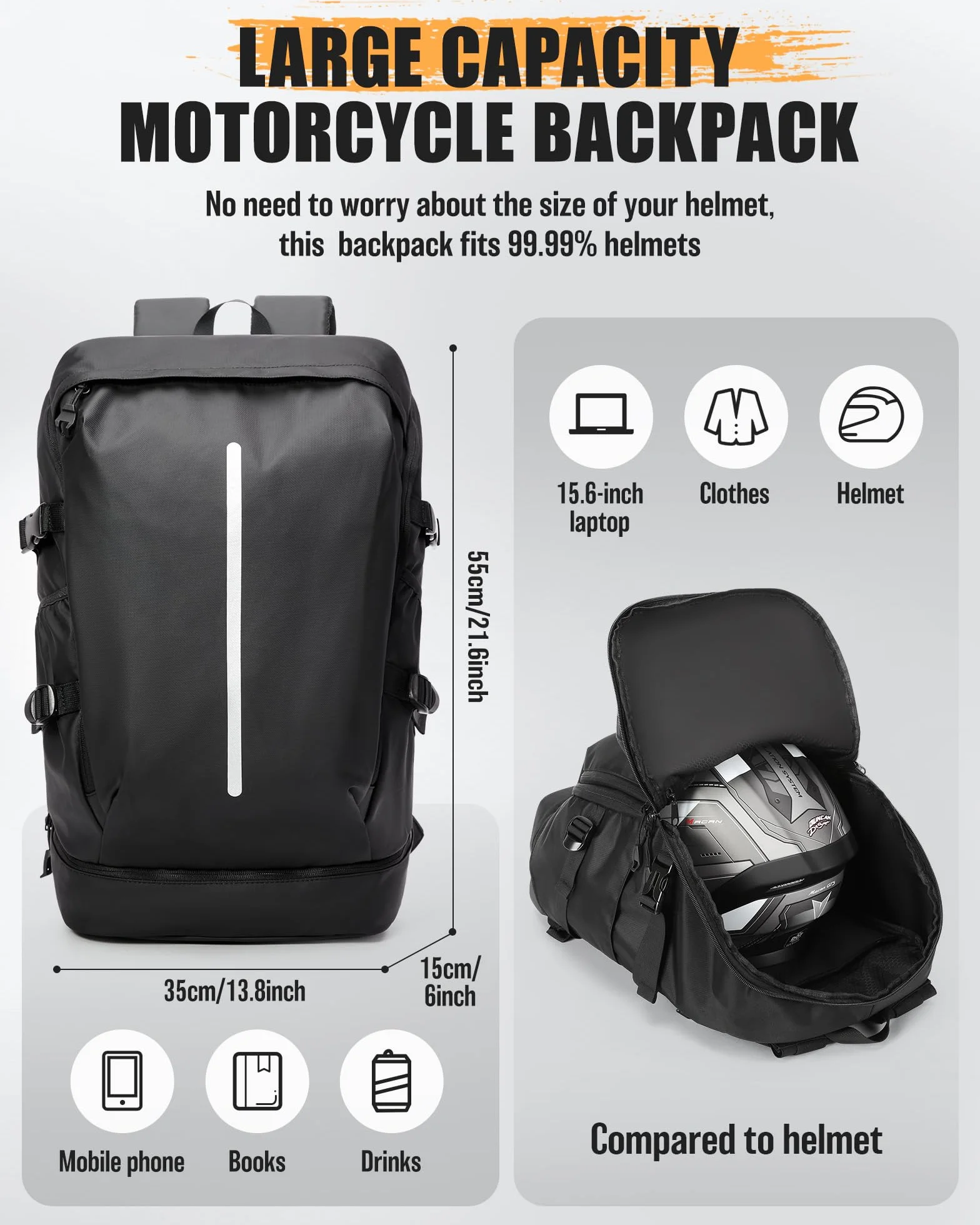 Zaino da Moto Impermeabile Grande con Scomparto per Scarpe, Nero