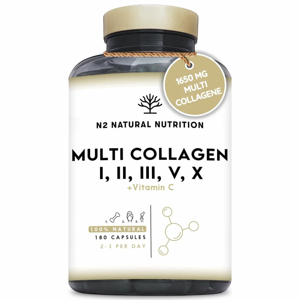 N2 Natural Nutrition Multi Collagene Idrolizzato 1650mg Peptidi di Collagene Marino e Bovino Tipo 1 2 3 5 10 Integratore Articolazioni Pelle Ossa Vitamina C 180 Capsule