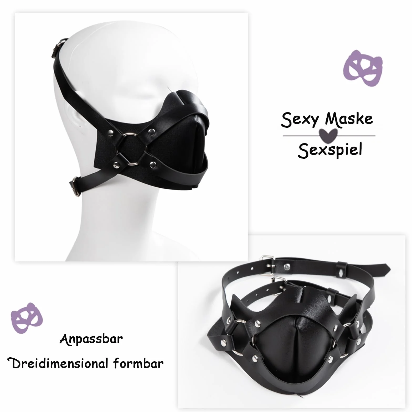Maschera in pelle nera BDSM per adulti con boccaglio gotico e anello in metallo