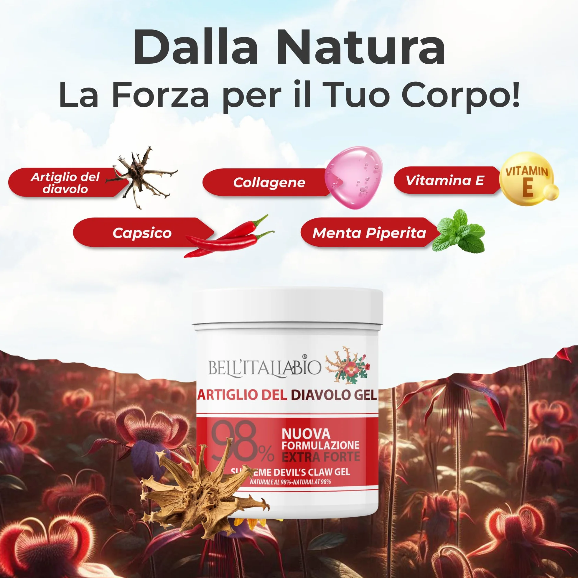 Gel Artiglio del Diavolo Extra Forte 98% 550ml Massaggi Muscoli Crema Recupero Sportiva Collagene Acido Ialuronico Bell'ItaliaBio Made in Italy