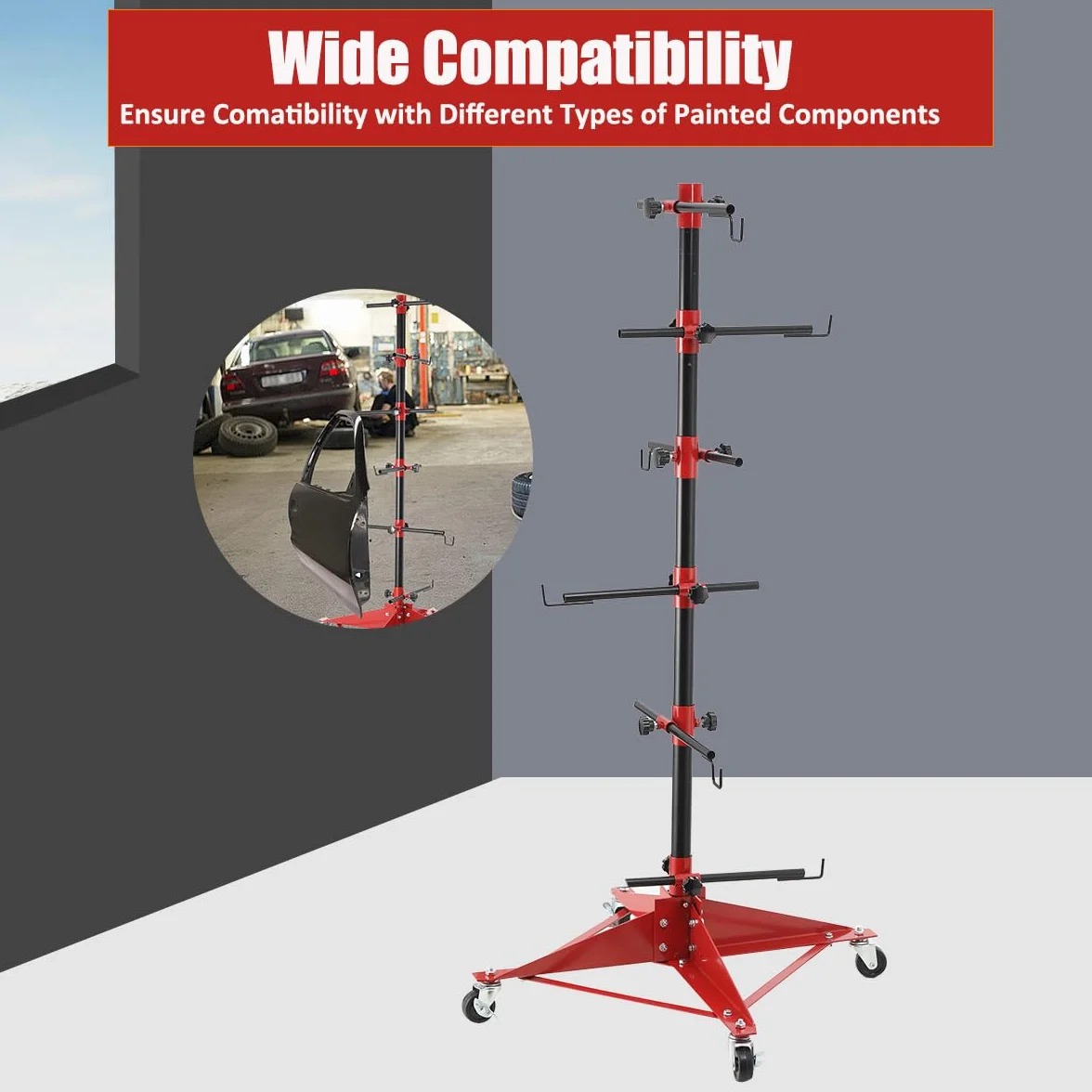 Pannello Albero Vernice Stand con 6 Bracci, Supporto Rotante per Verniciatura con 360° Ruote, Cavalletto per Verniciatura per Parafanghi, Porte, Paraurti Altezza 120cm