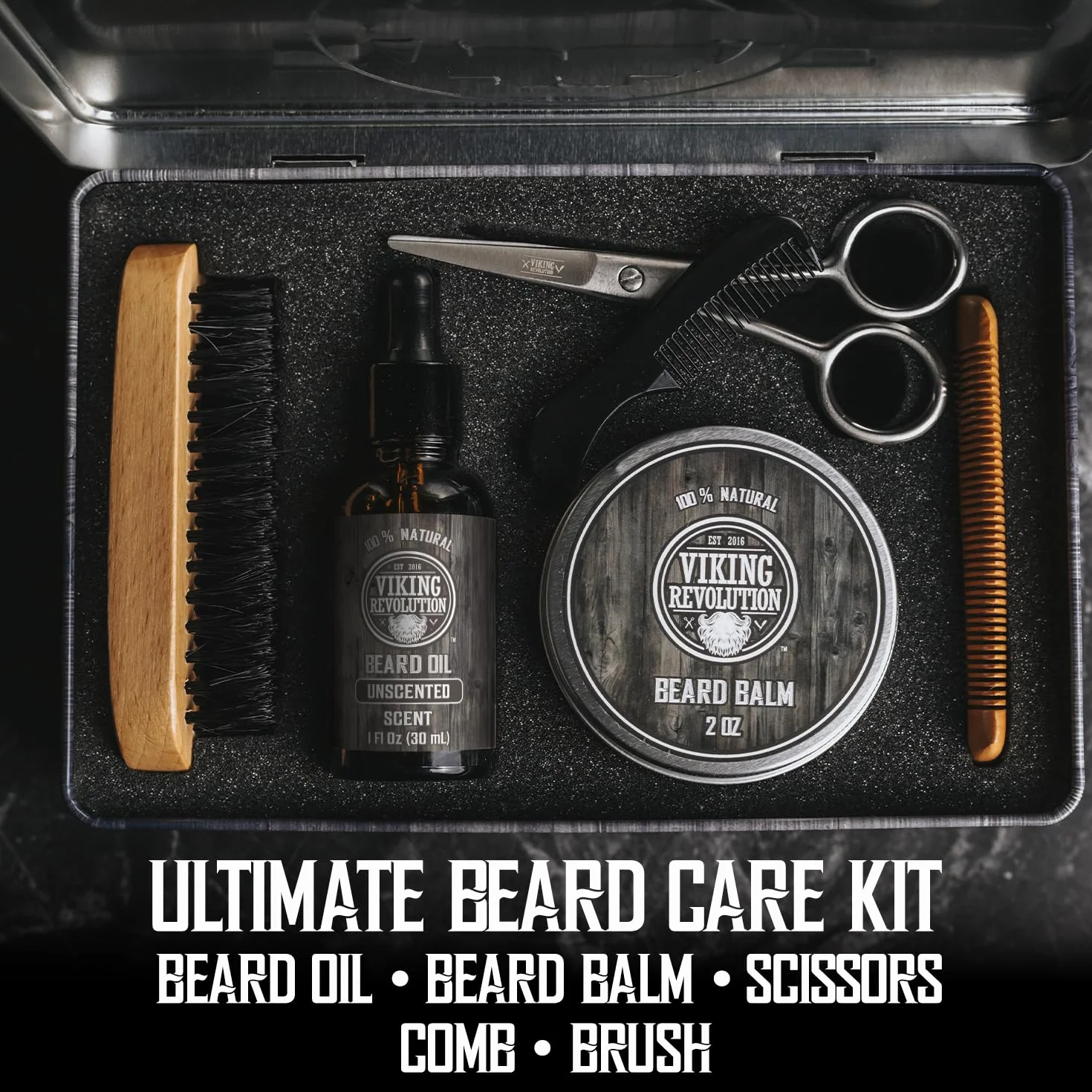 Viking Revolution Kit Barba Uomo Spazzola Setola Cinghiale Pettine Balsamo Olio Forbici Scatola Metallica Regalo